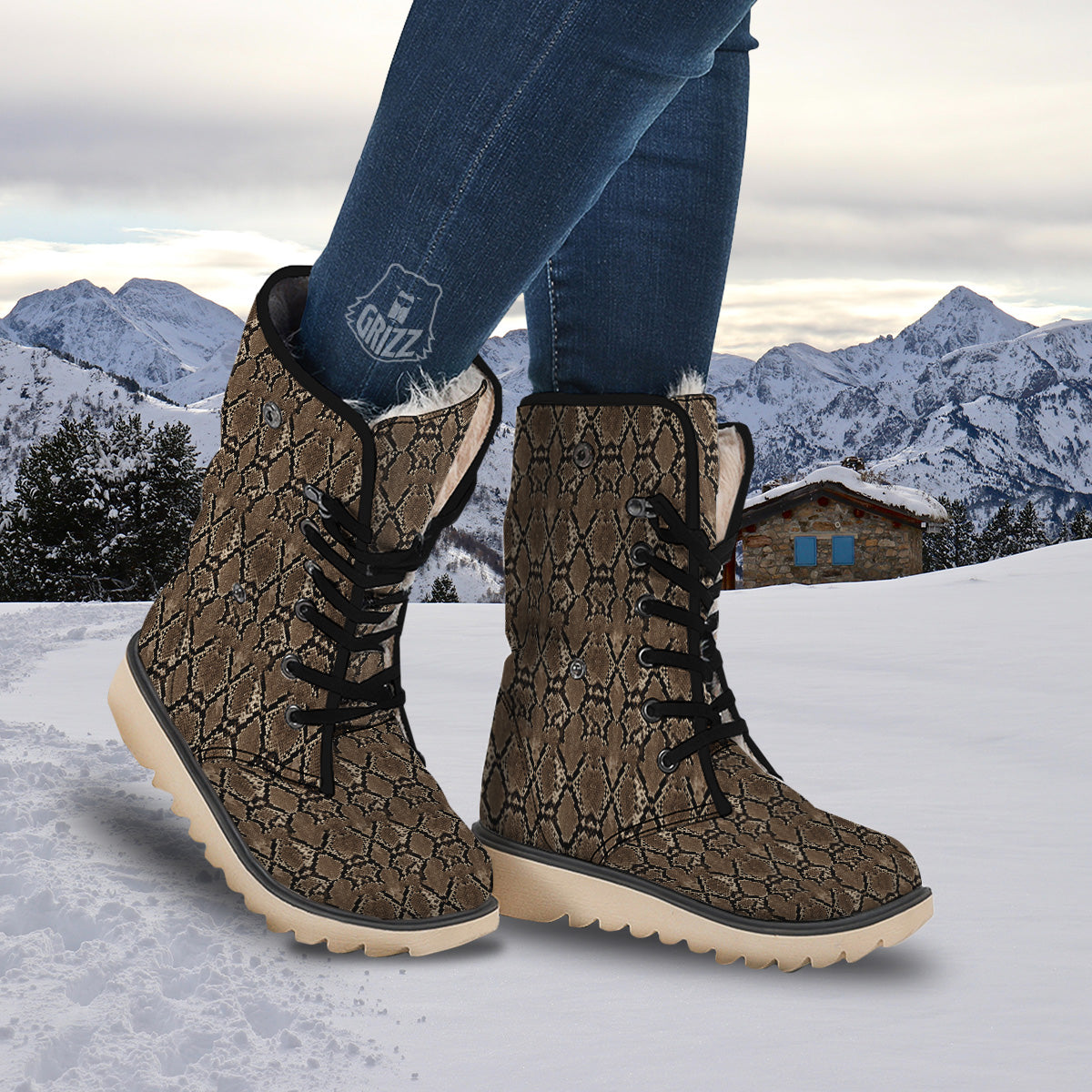 Snakeskin Black And Brown Print Snow Boots-grizzshop
