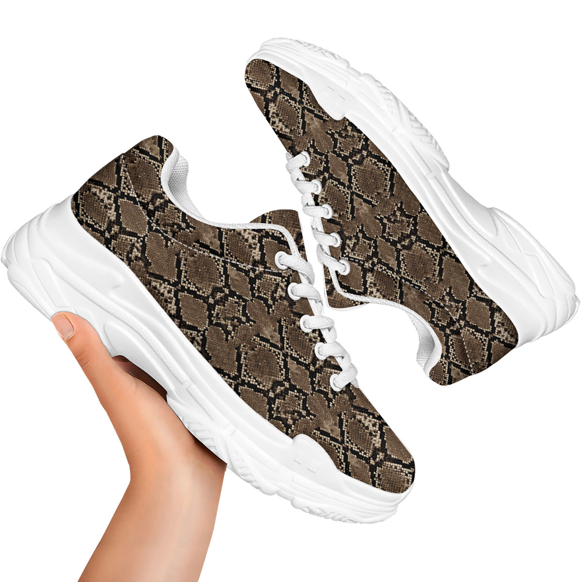 Snakeskin Black And Brown Print White Chunky Shoes-grizzshop