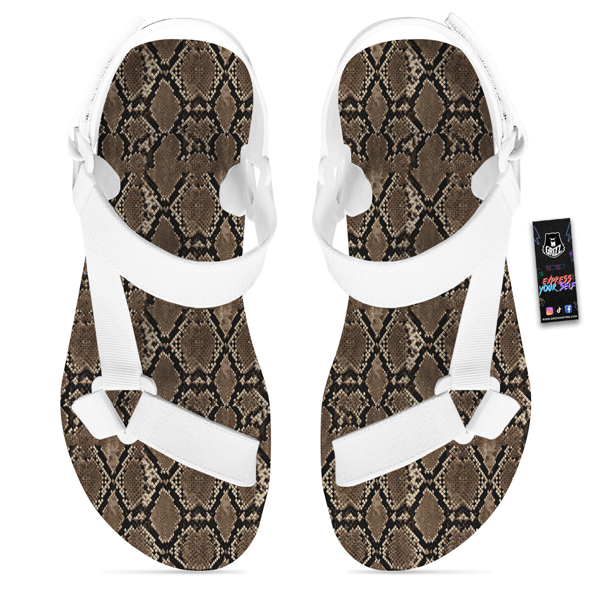Snakeskin Black And Brown Print White Open Toe Sandals-grizzshop