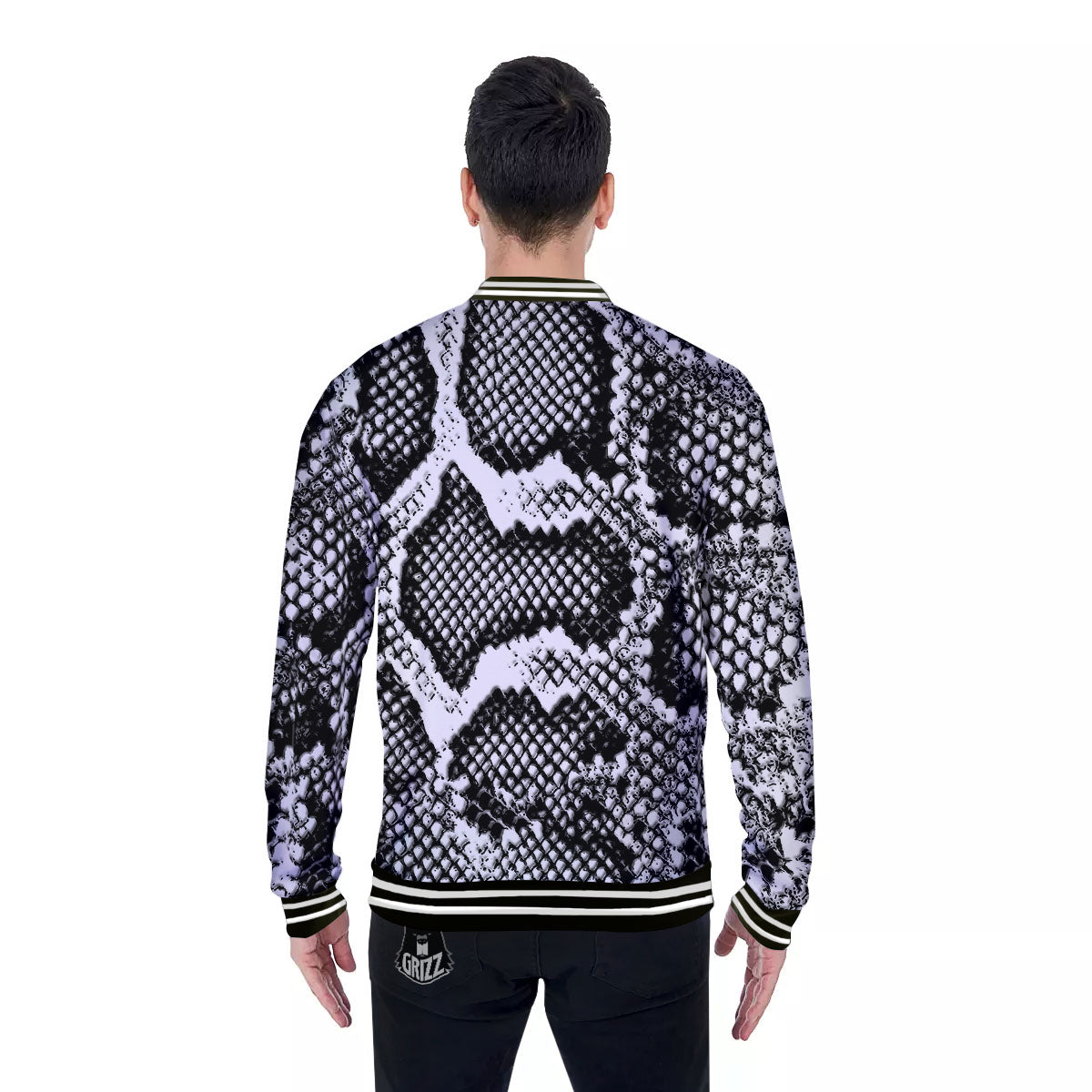 Snakeskin Black And Grey Print Baseball Jacket-grizzshop