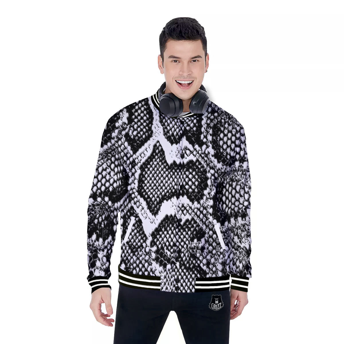 Snakeskin Black And Grey Print Baseball Jacket-grizzshop