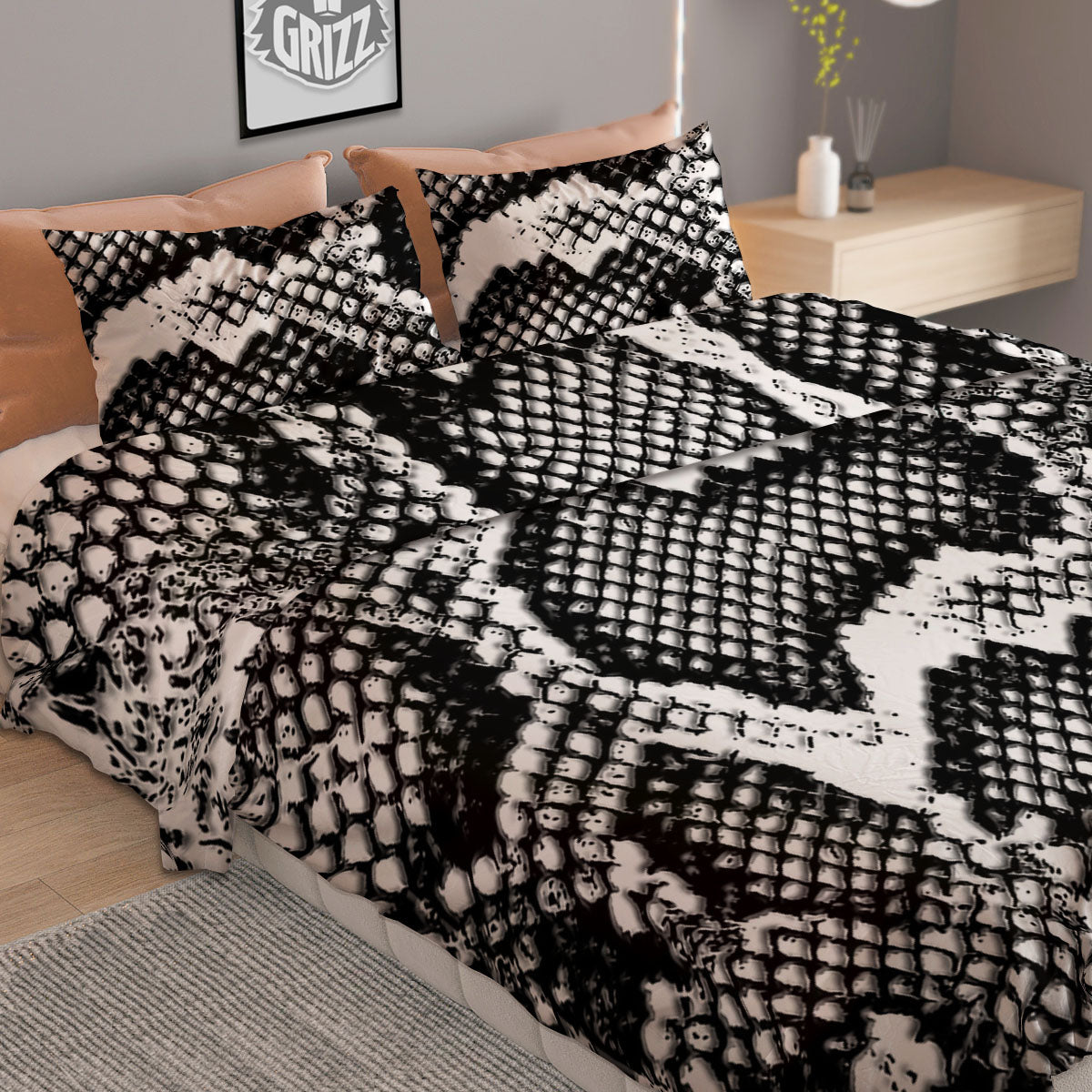 Snakeskin Black And Grey Print Duvet Cover Bedding Set