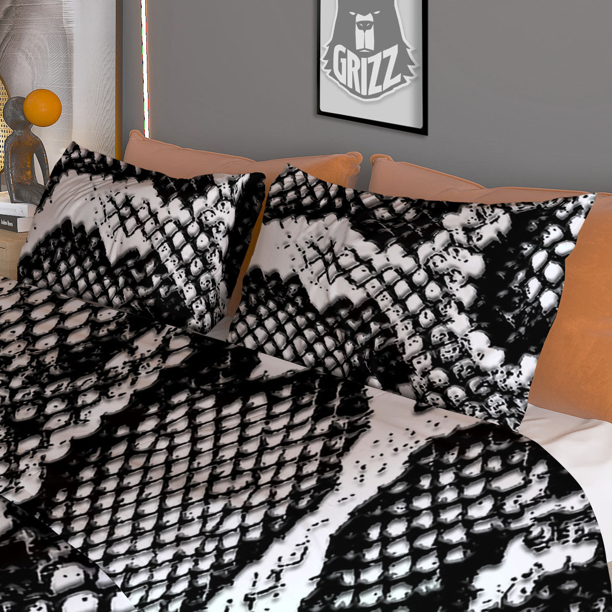 Snakeskin Black And Grey Print Duvet Cover Bedding Set