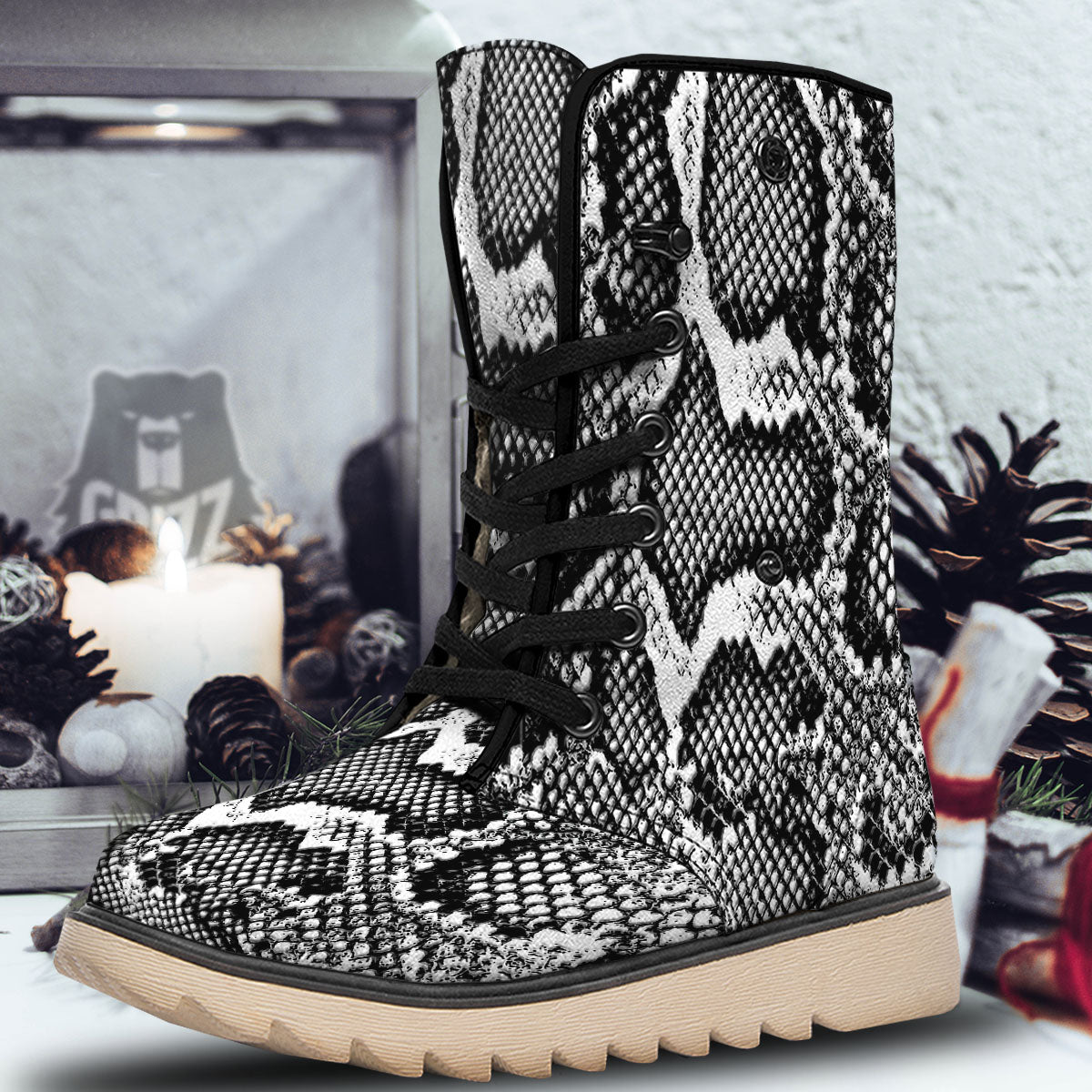 Snakeskin Black And Grey Print Snow Boots-grizzshop