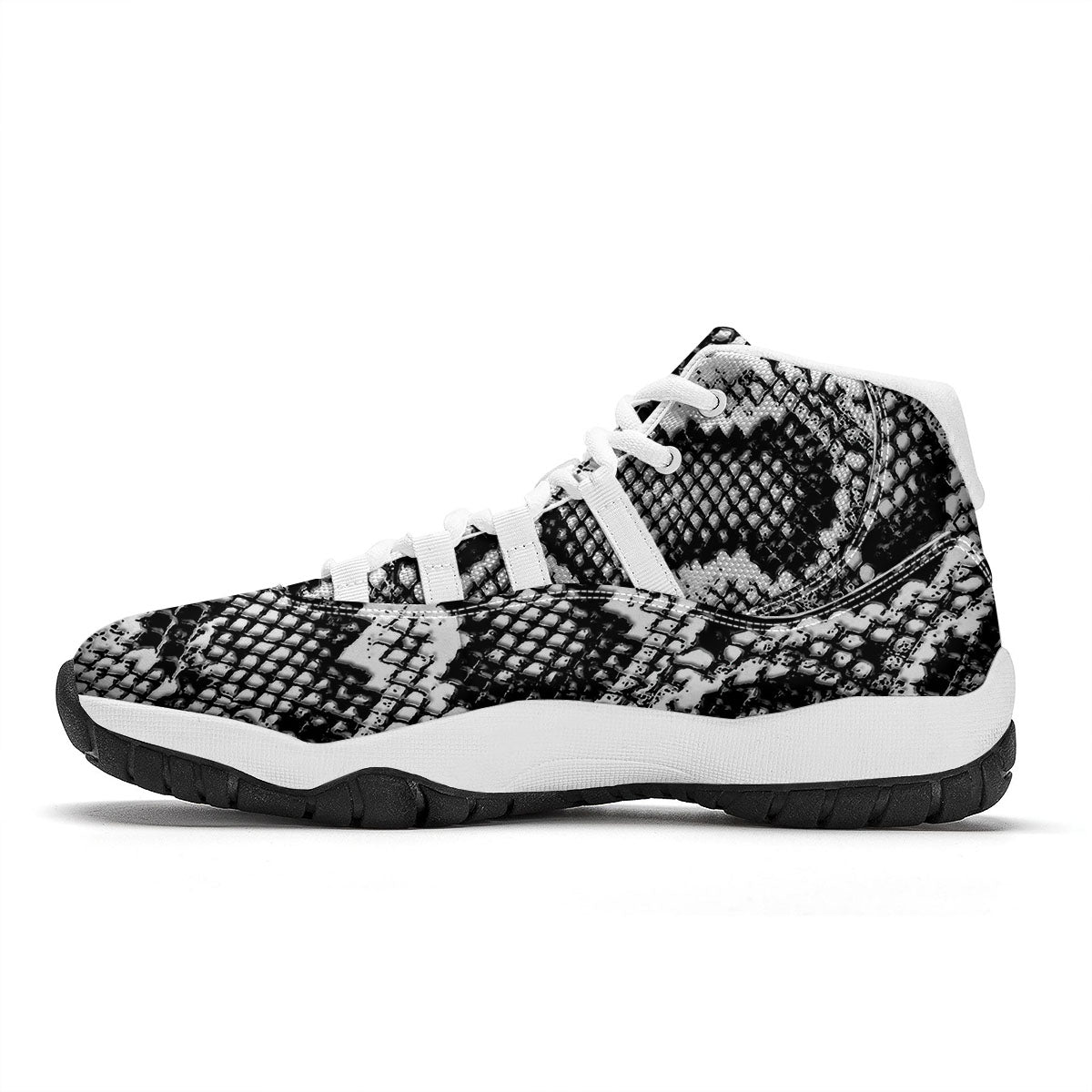 Snakeskin Black And Grey Print White Bball Shoes-grizzshop