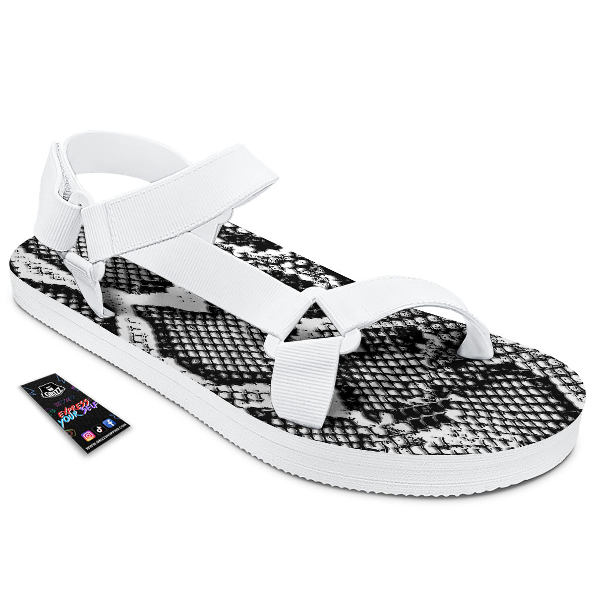 Snakeskin Black And Grey Print White Open Toe Sandals-grizzshop