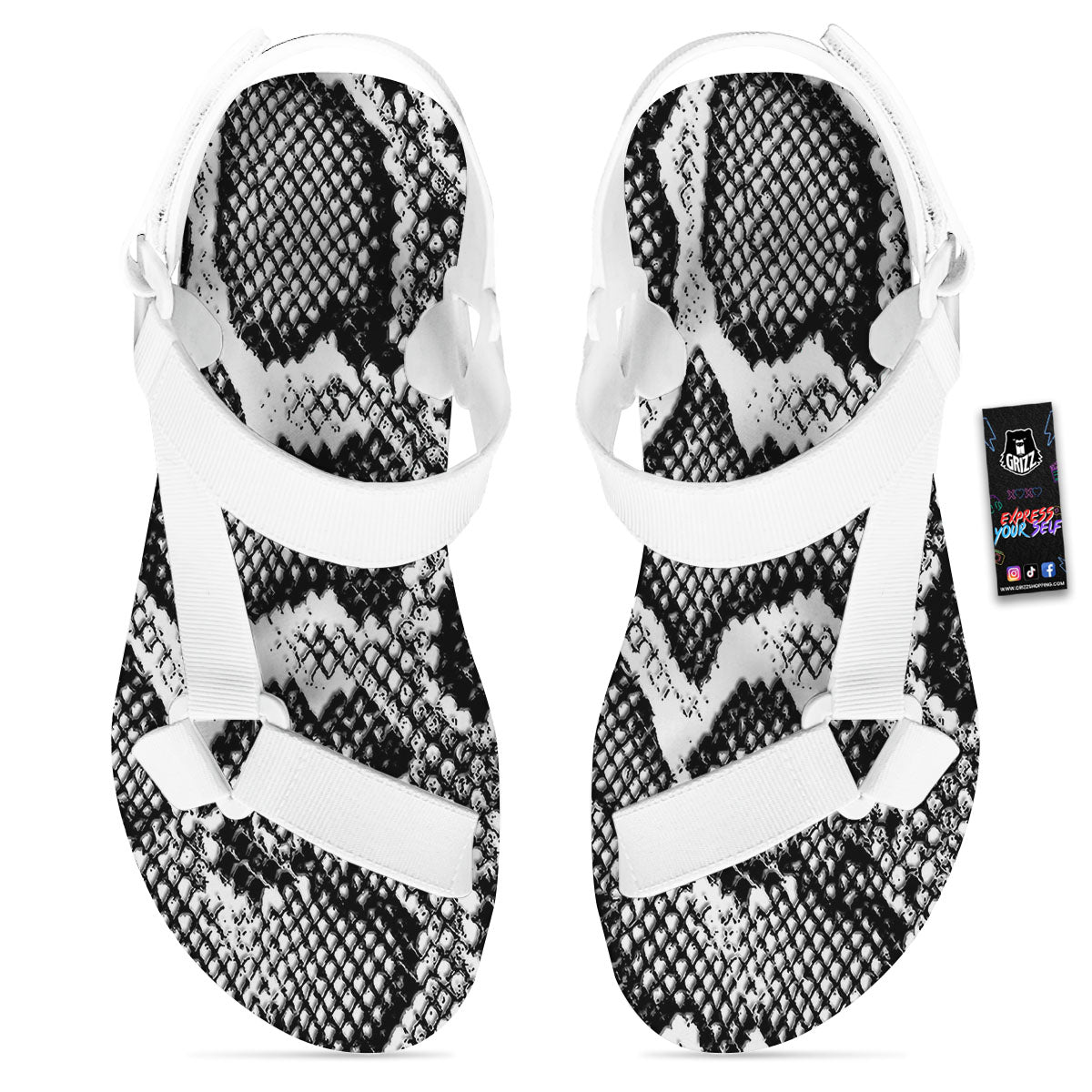 Snakeskin Black And Grey Print White Open Toe Sandals-grizzshop