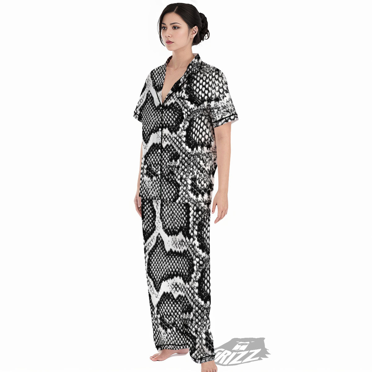 Snakeskin Black And Grey Print Women's Pajamas Set-grizzshop