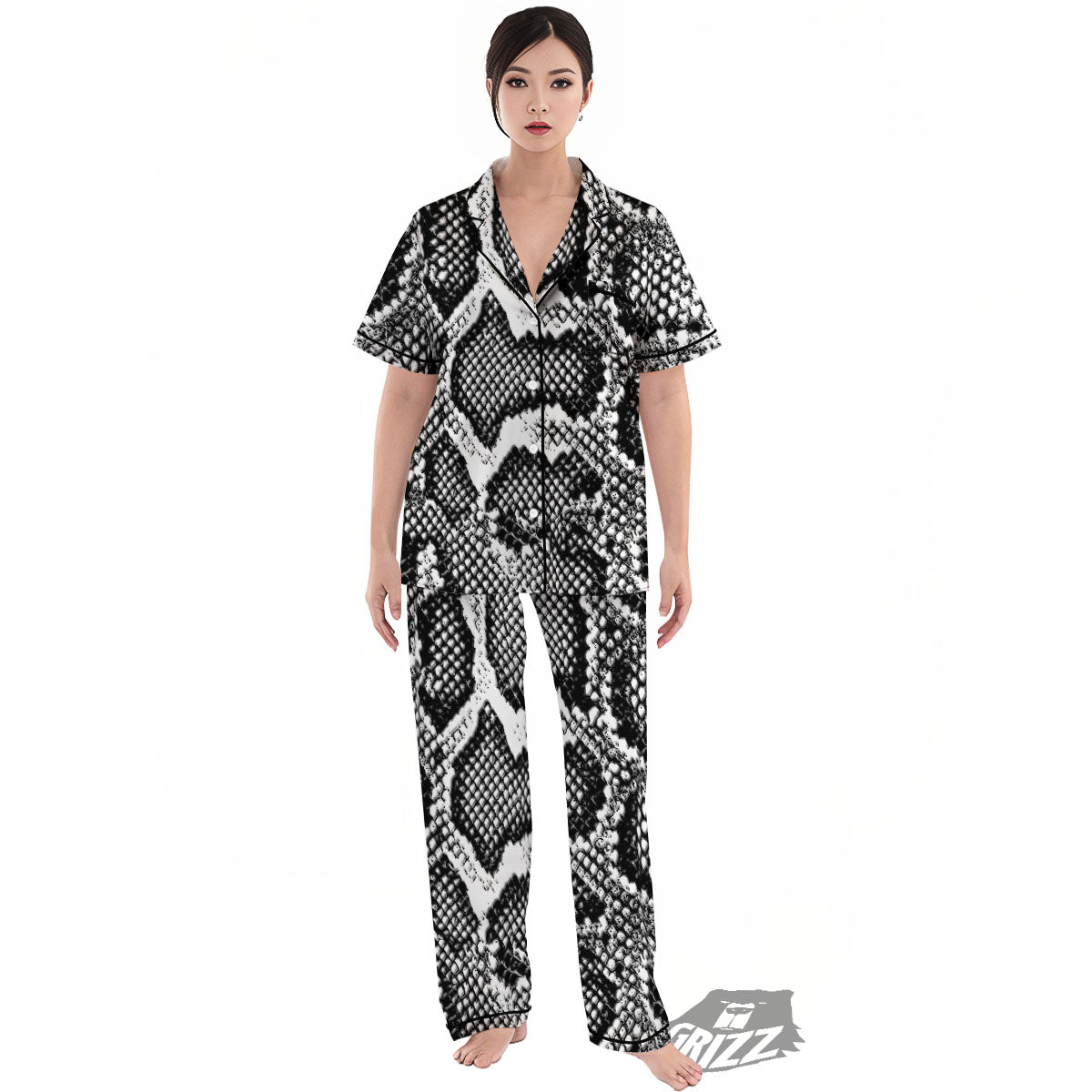 Snakeskin Black And Grey Print Women's Pajamas Set-grizzshop