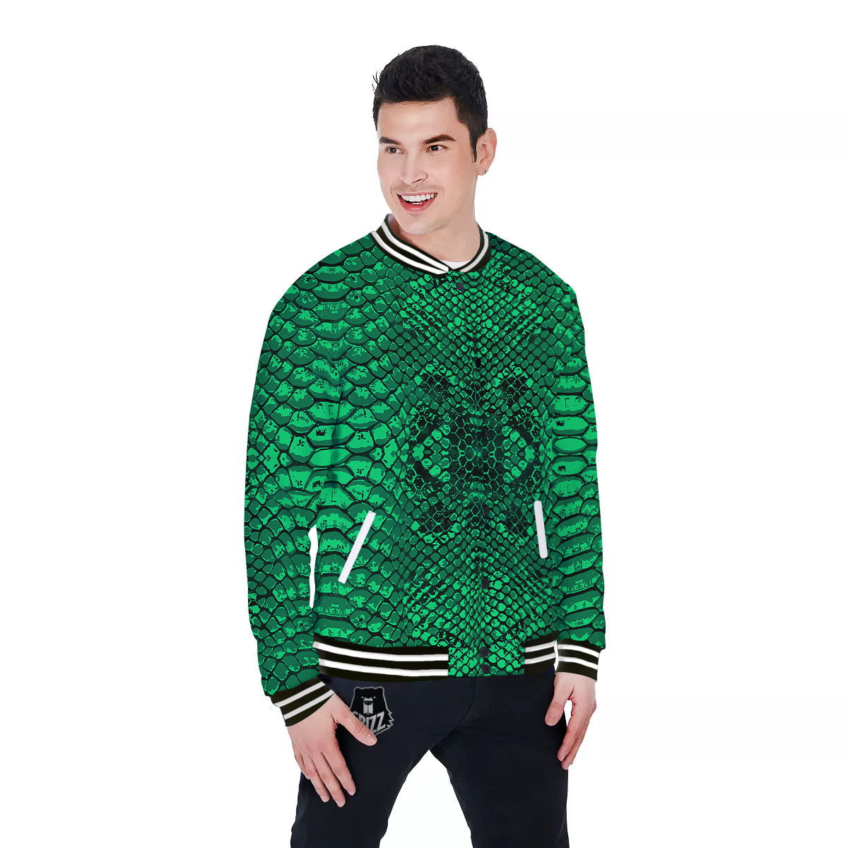 Snakeskin Black And Lime Green Print Baseball Jacket-grizzshop