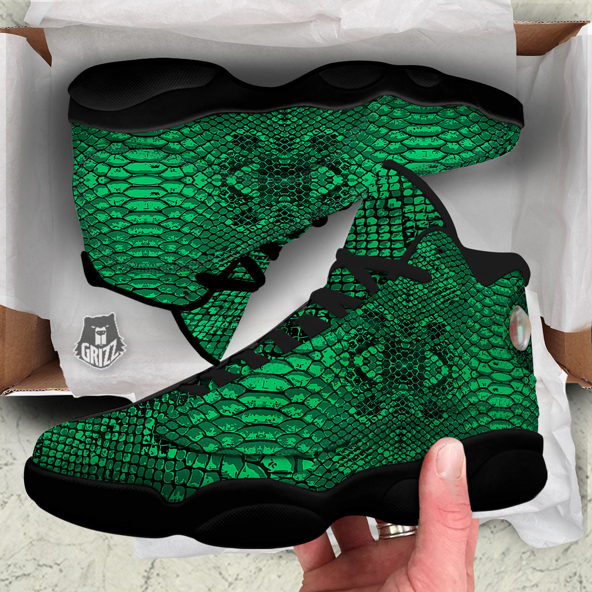 Snakeskin Black And Lime Green Print Black Basketball Shoes-grizzshop