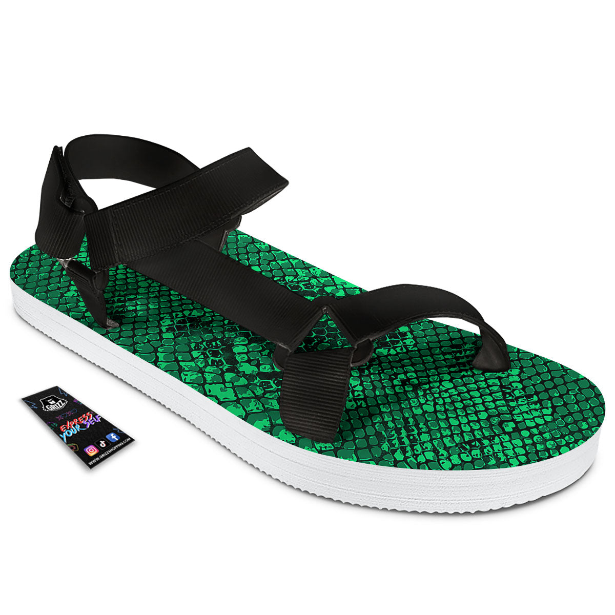 Snakeskin Black And Lime Green Print Black Open Toe Sandals-grizzshop