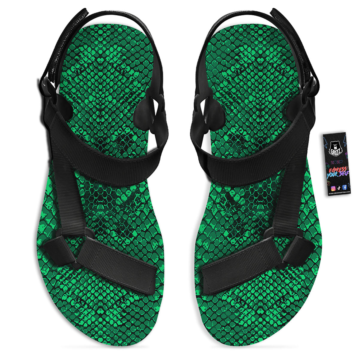 Snakeskin Black And Lime Green Print Black Open Toe Sandals-grizzshop
