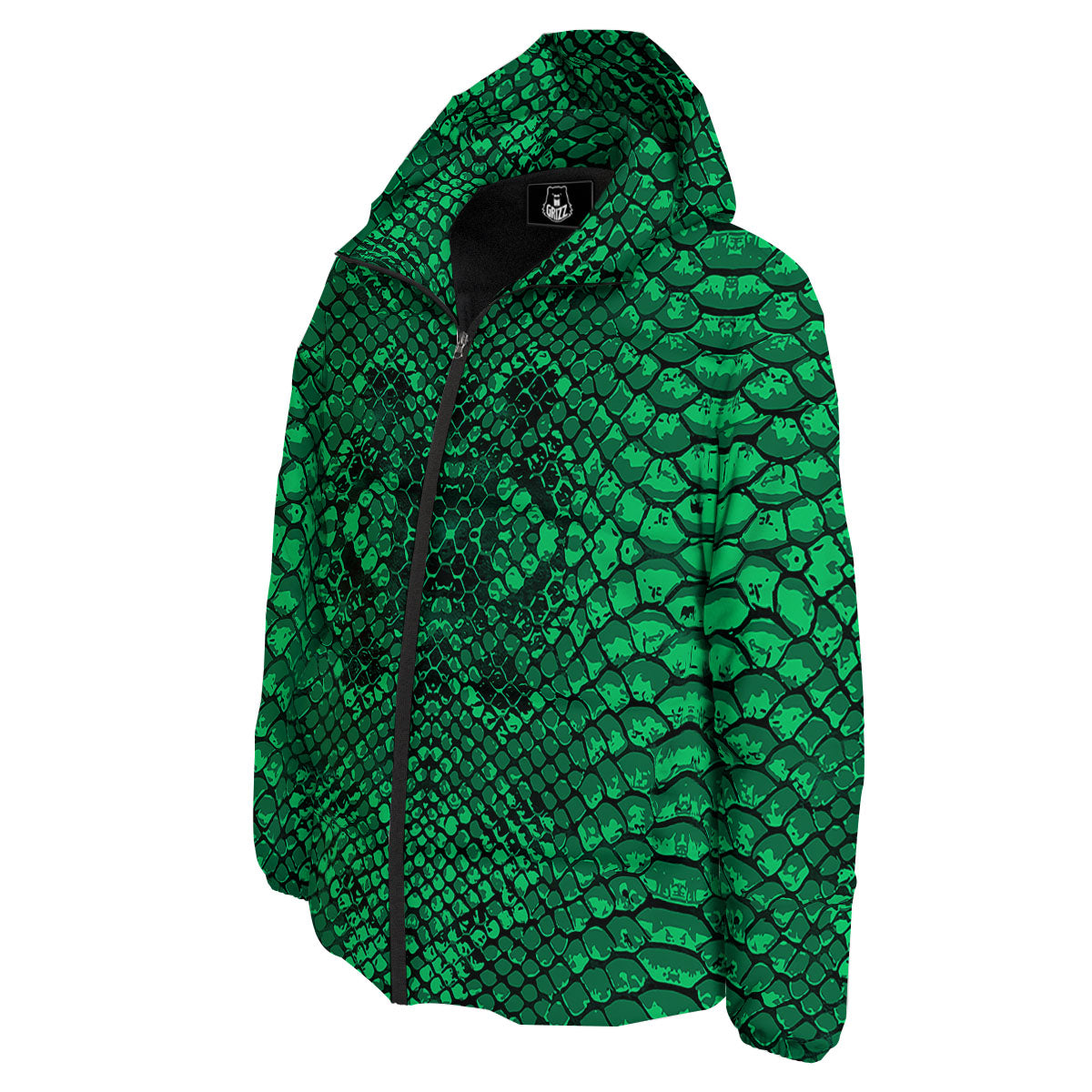 Snakeskin Black And Lime Green Print Down Jacket-grizzshop