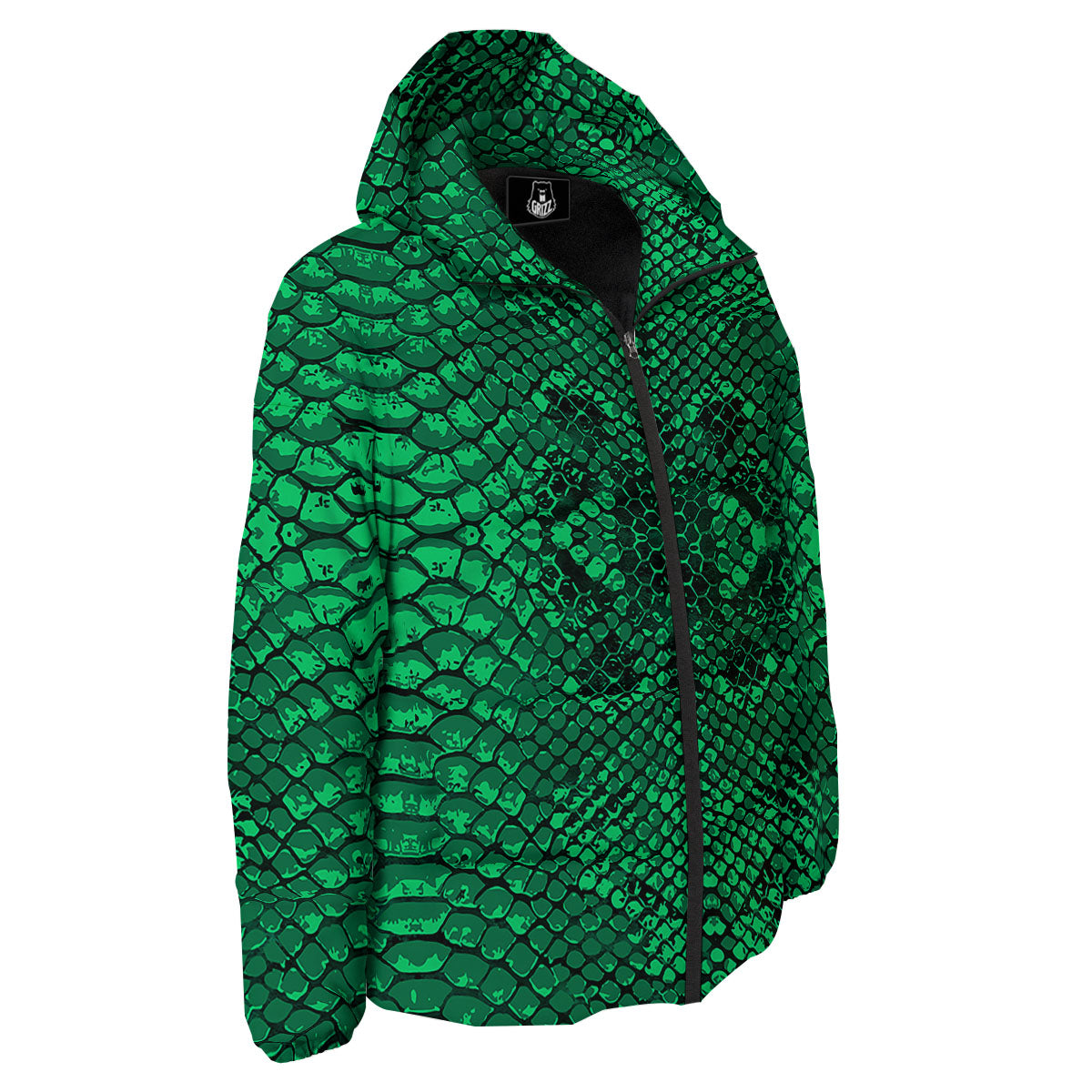 Snakeskin Black And Lime Green Print Down Jacket-grizzshop