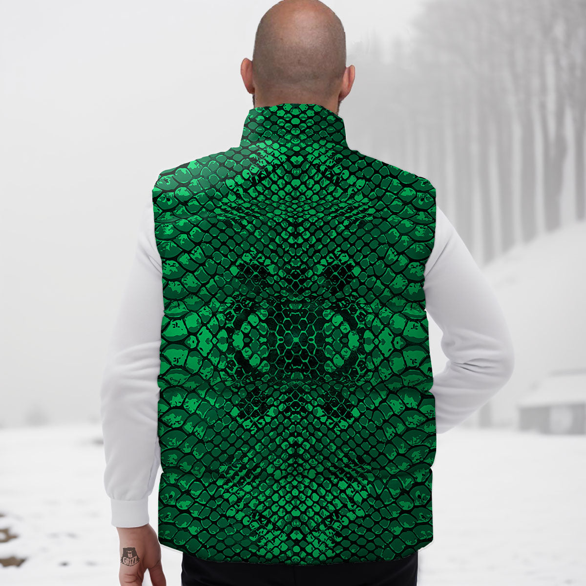 Snakeskin Black And Lime Green Print Down Vest