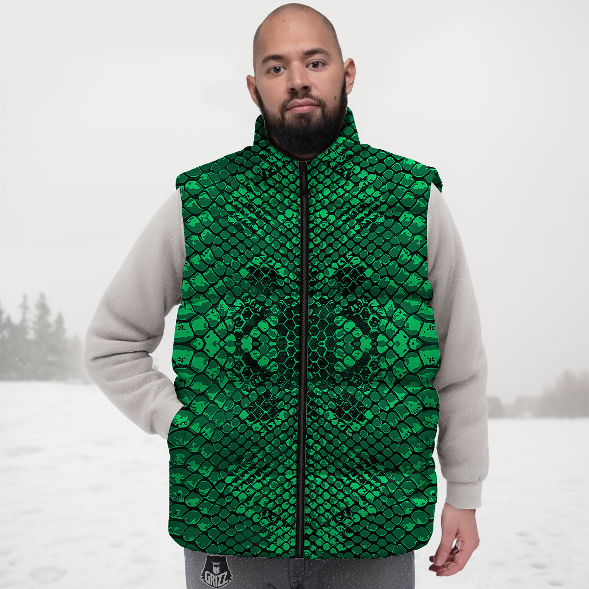 Snakeskin Black And Lime Green Print Down Vest