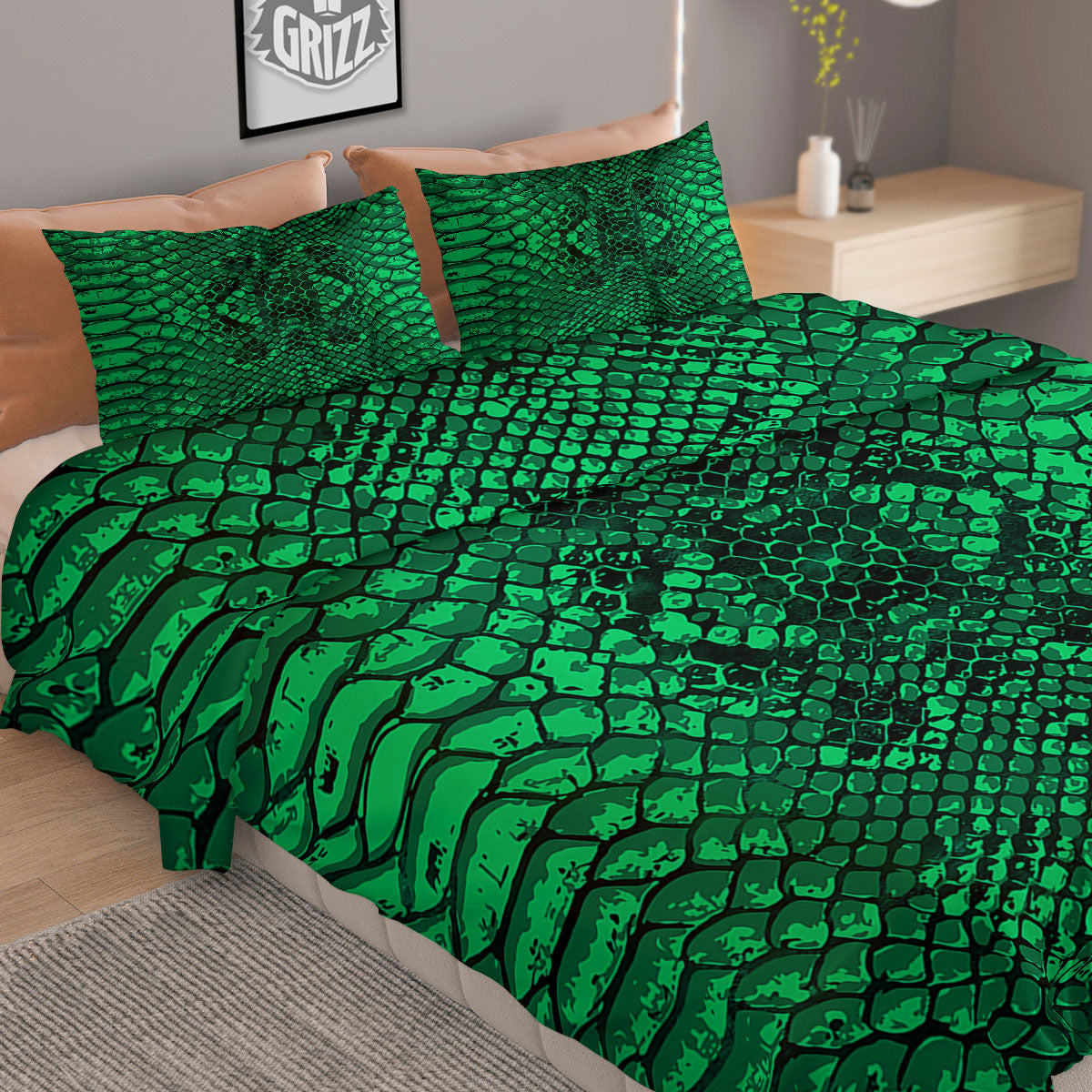 Snakeskin Black And Lime Green Print Duvet Cover Bedding Set