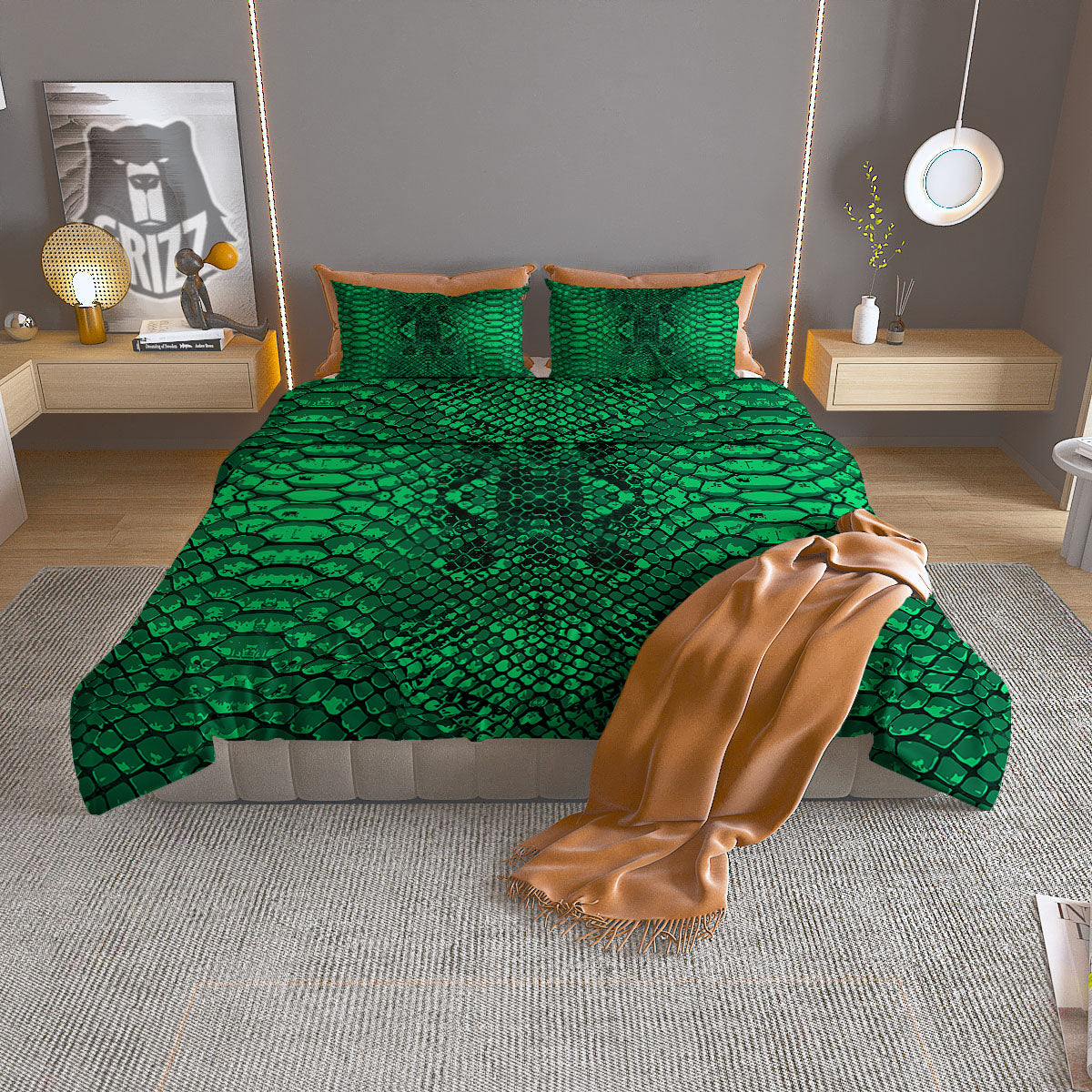 Snakeskin Black And Lime Green Print Duvet Cover Bedding Set