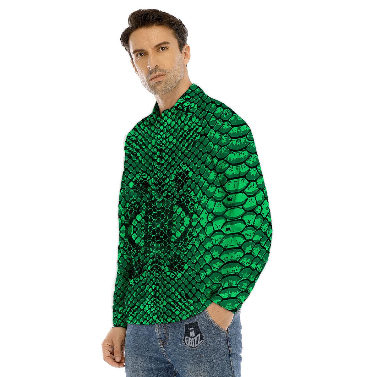 Snakeskin Black And Lime Green Print Men's Dress Shirts-grizzshop