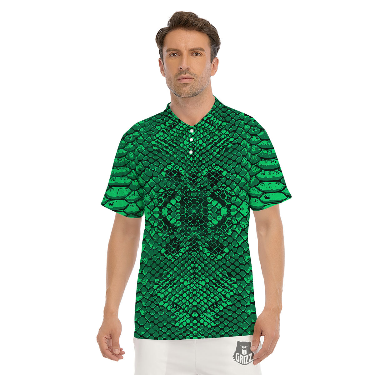 Snakeskin Black And Lime Green Print Men's Golf Shirts-grizzshop