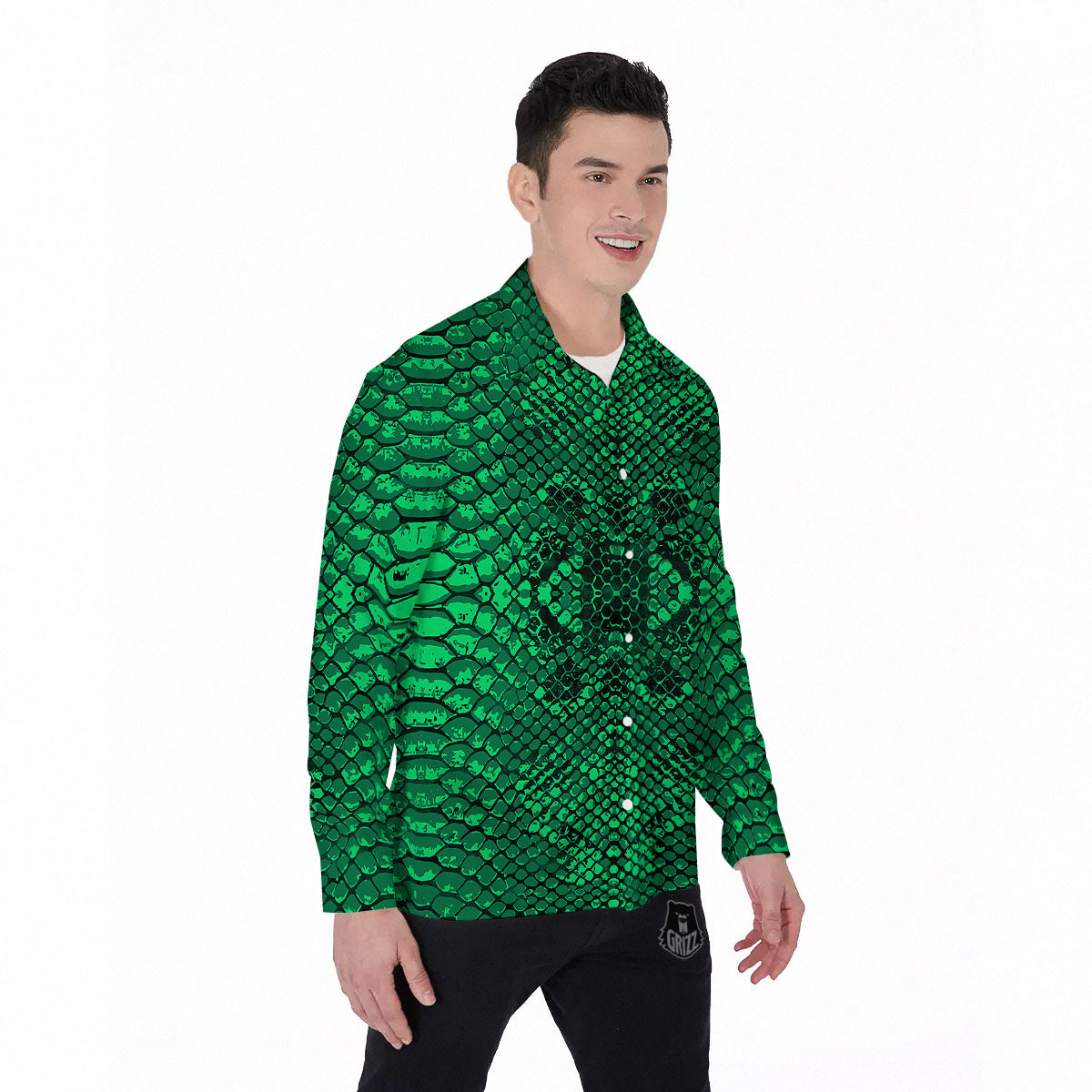 Snakeskin Black And Lime Green Print Men's Long Sleeve Shirts-grizzshop