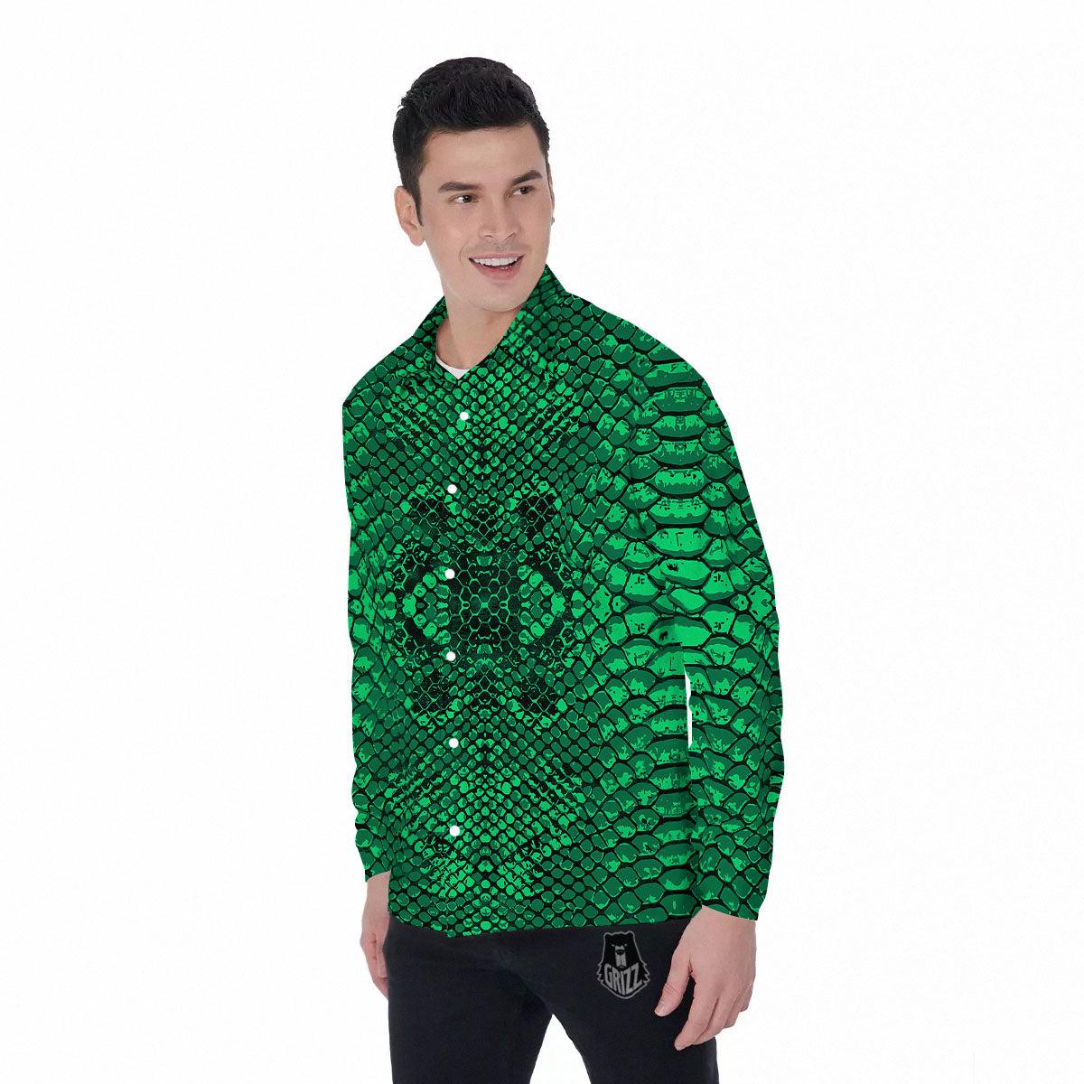 Snakeskin Black And Lime Green Print Men's Long Sleeve Shirts-grizzshop
