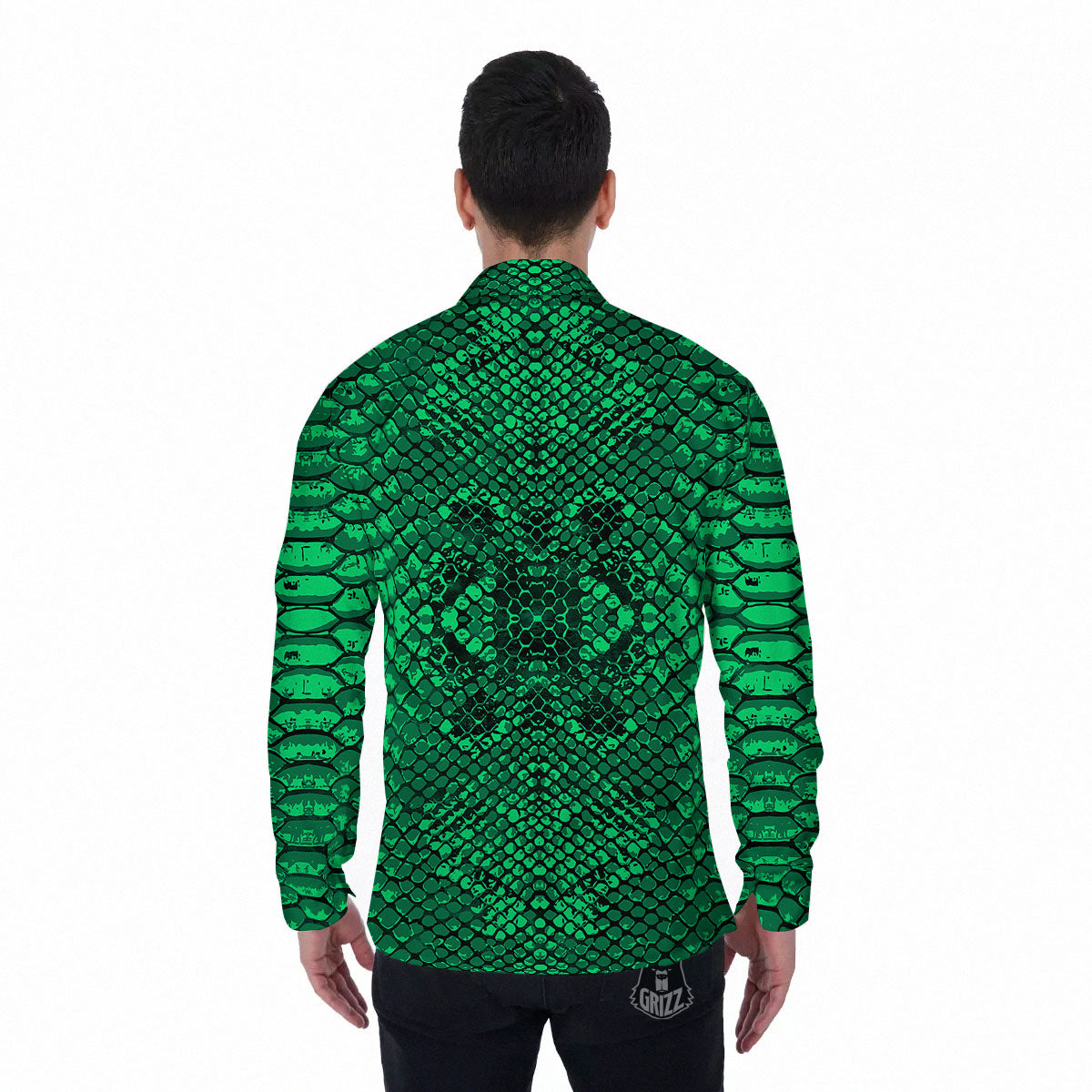Snakeskin Black And Lime Green Print Men's Long Sleeve Shirts-grizzshop