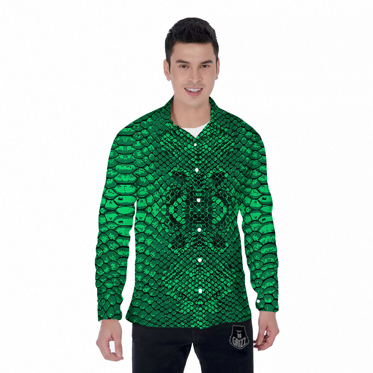 Snakeskin Black And Lime Green Print Men's Long Sleeve Shirts-grizzshop