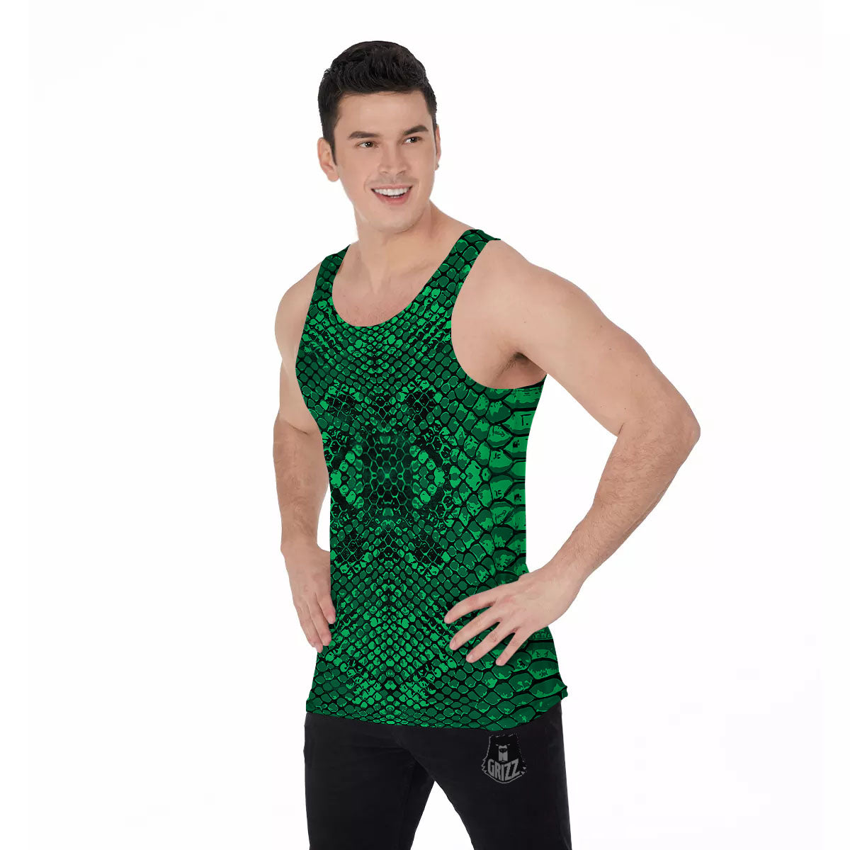 Snakeskin Black And Lime Green Print Men's Tank Top-grizzshop