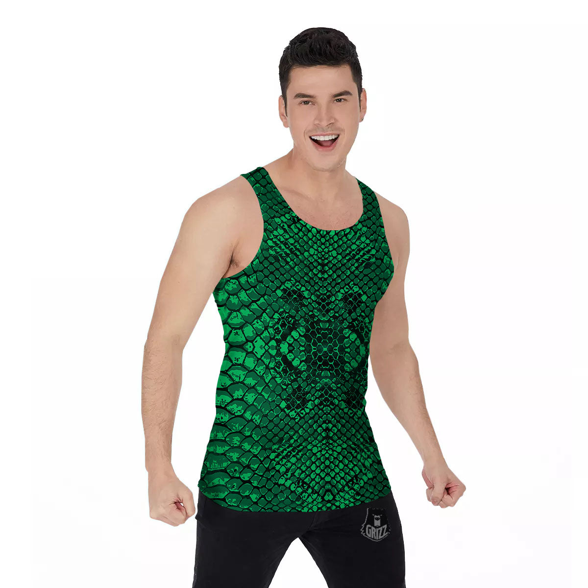 Snakeskin Black And Lime Green Print Men's Tank Top-grizzshop