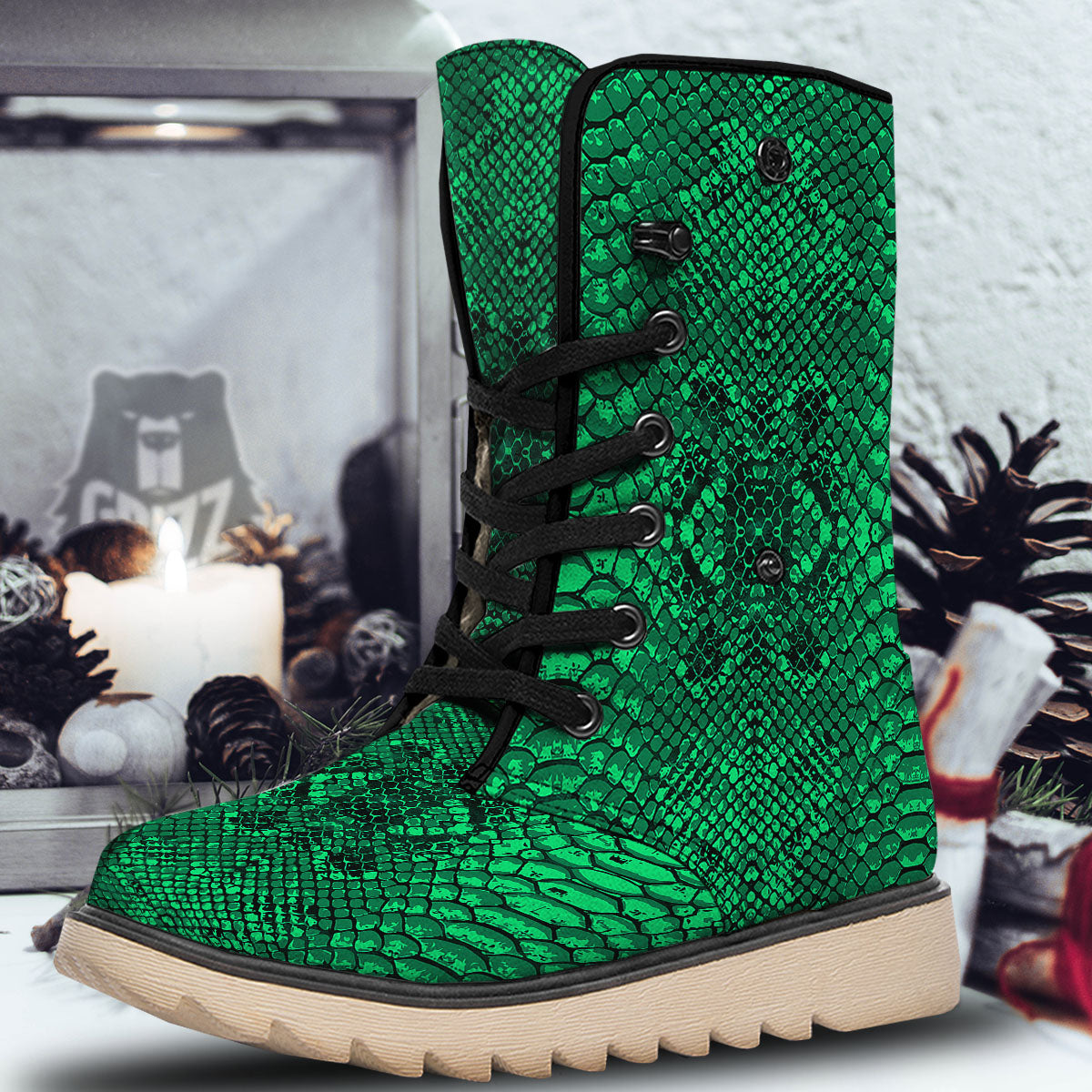 Snakeskin Black And Lime Green Print Snow Boots-grizzshop