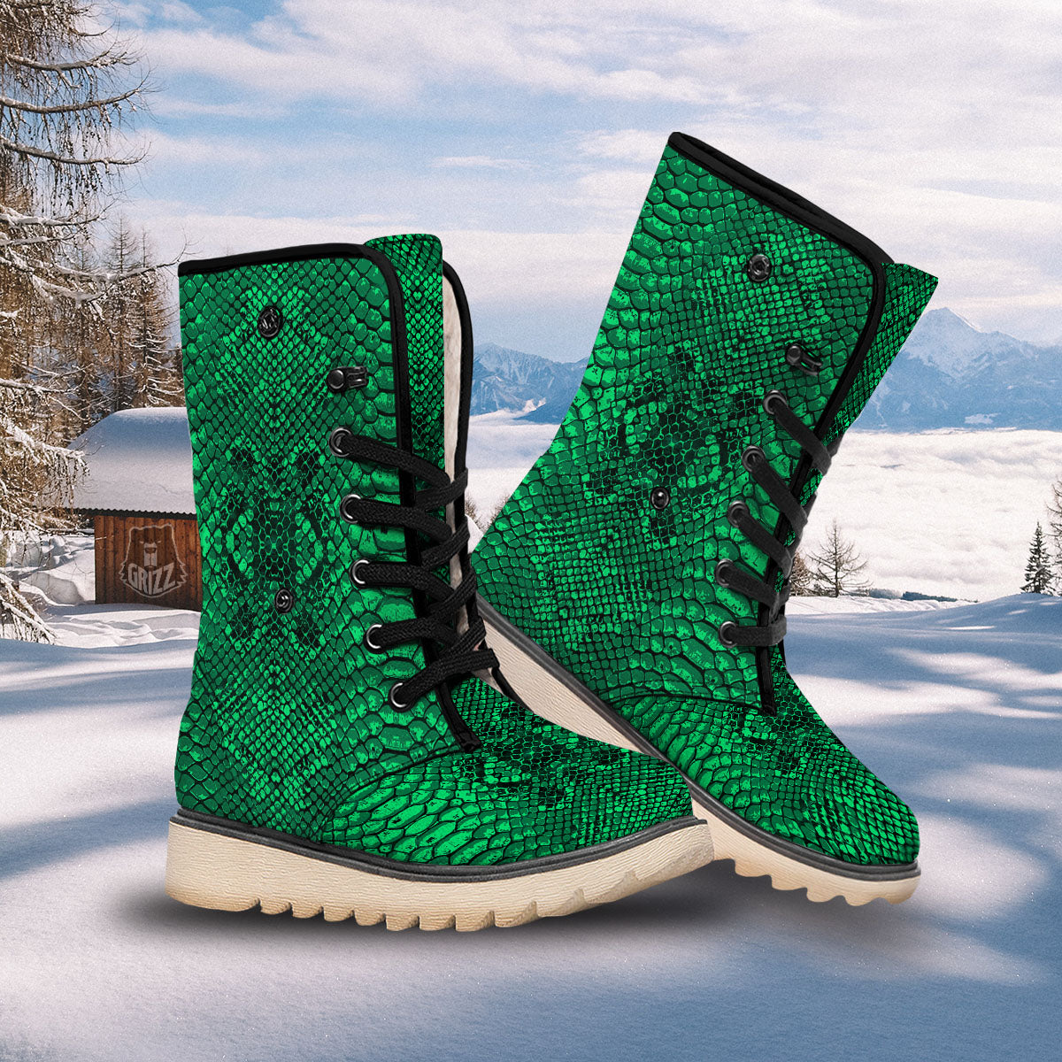 Snakeskin Black And Lime Green Print Snow Boots-grizzshop