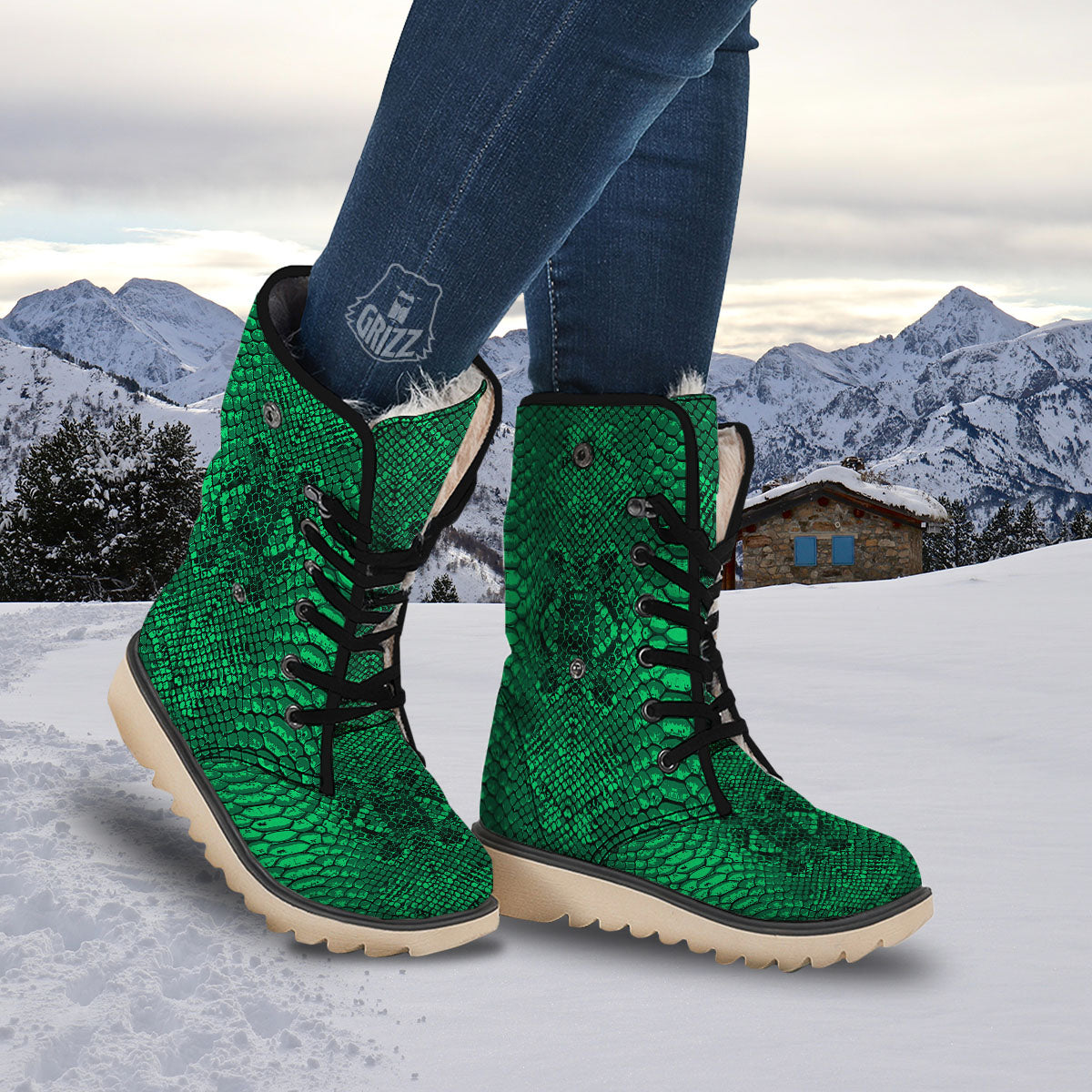 Snakeskin Black And Lime Green Print Snow Boots-grizzshop