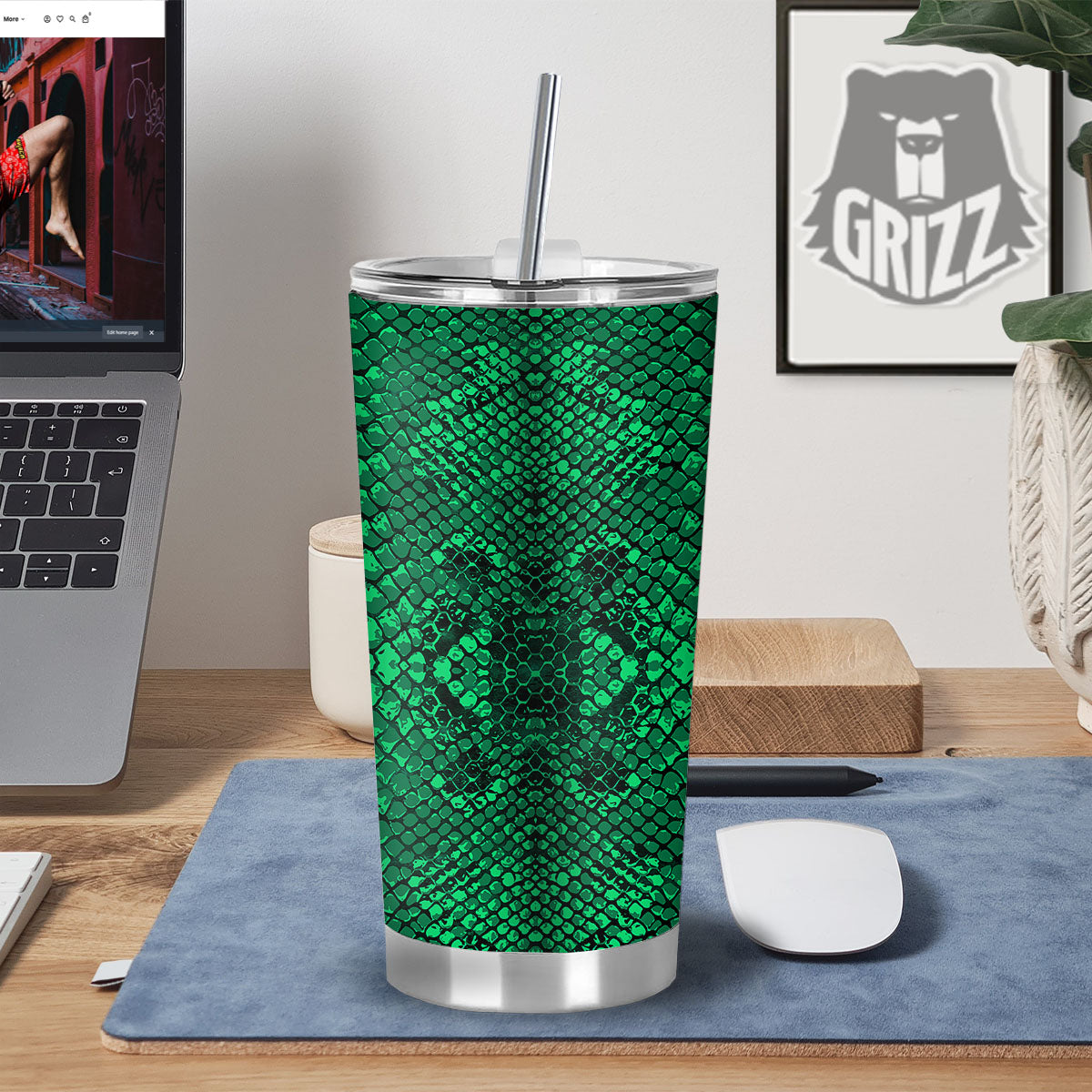 Snakeskin Black And Lime Green Print Tumbler-grizzshop
