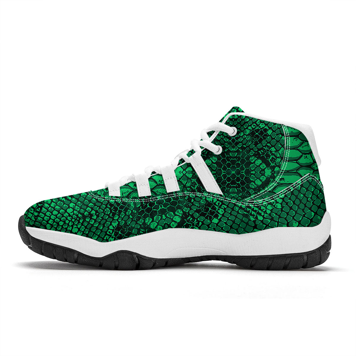 Snakeskin Black And Lime Green Print White Bball Shoes-grizzshop