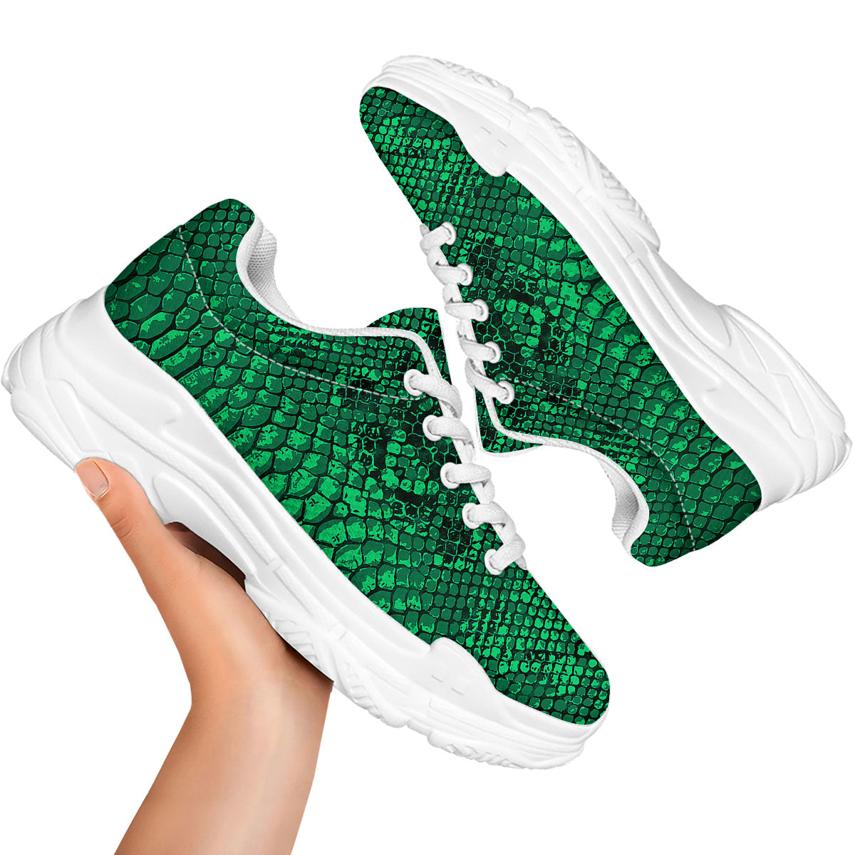 Snakeskin Black And Lime Green Print White Chunky Shoes-grizzshop