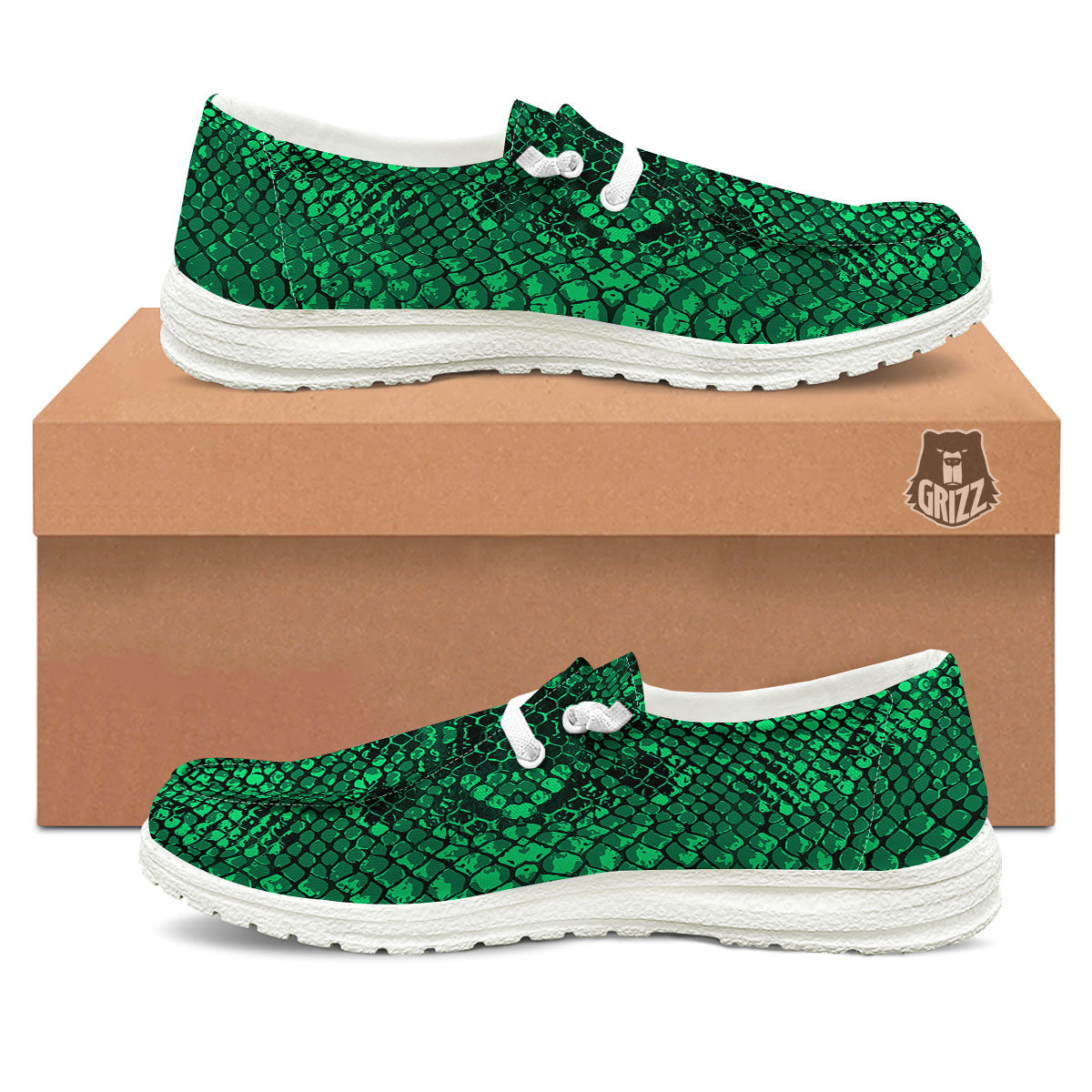 Snakeskin Black And Lime Green Print White Loafers-grizzshop