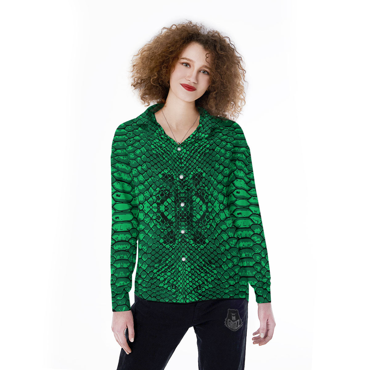 Snakeskin Black And Lime Green Print Women's Long Sleeve Shirts-grizzshop