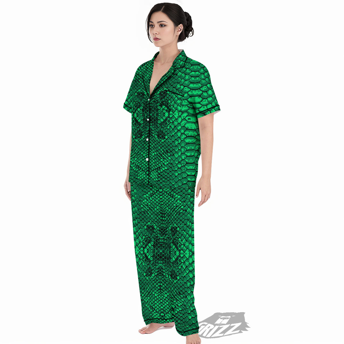 Snakeskin Black And Lime Green Print Women's Pajamas Set-grizzshop