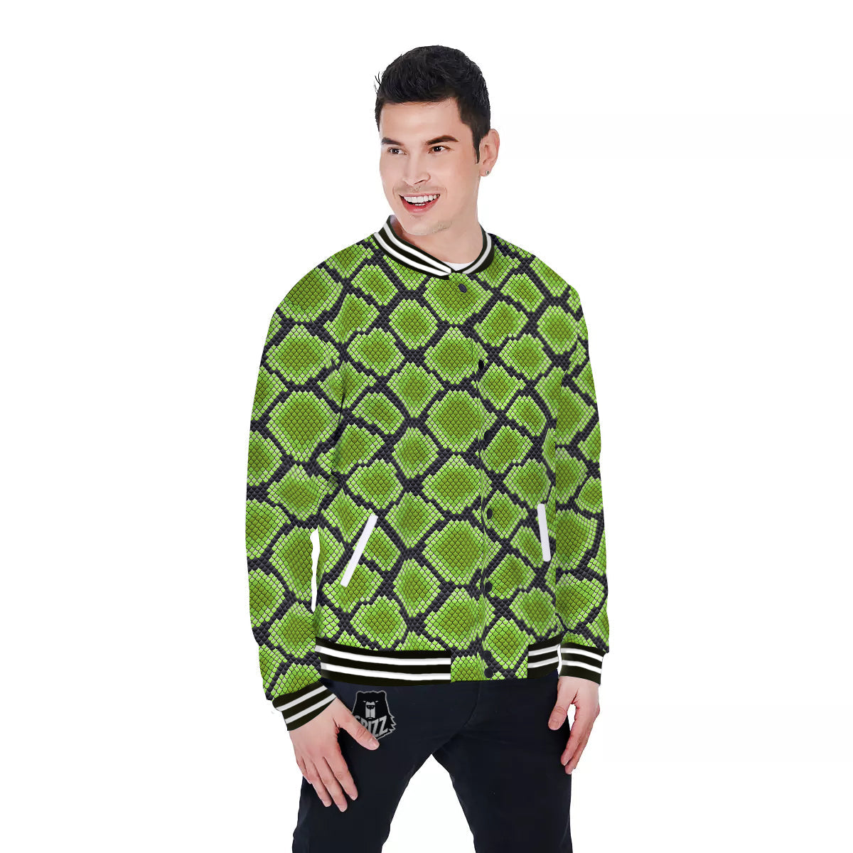 Snakeskin Black And Neon Green Print Baseball Jacket-grizzshop