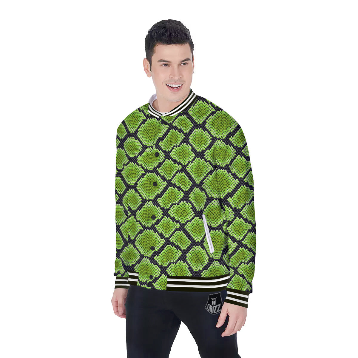 Snakeskin Black And Neon Green Print Baseball Jacket-grizzshop