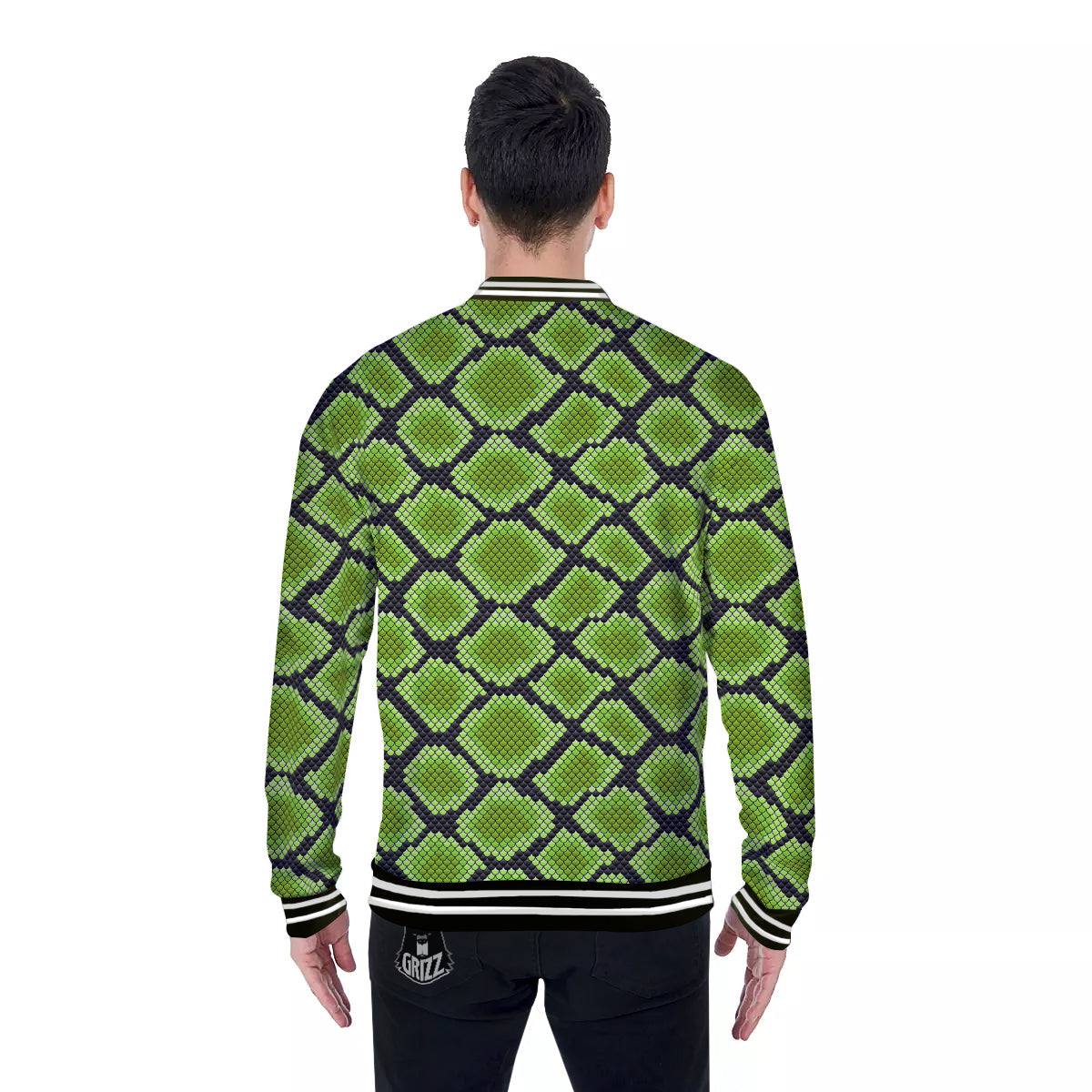 Snakeskin Black And Neon Green Print Baseball Jacket-grizzshop