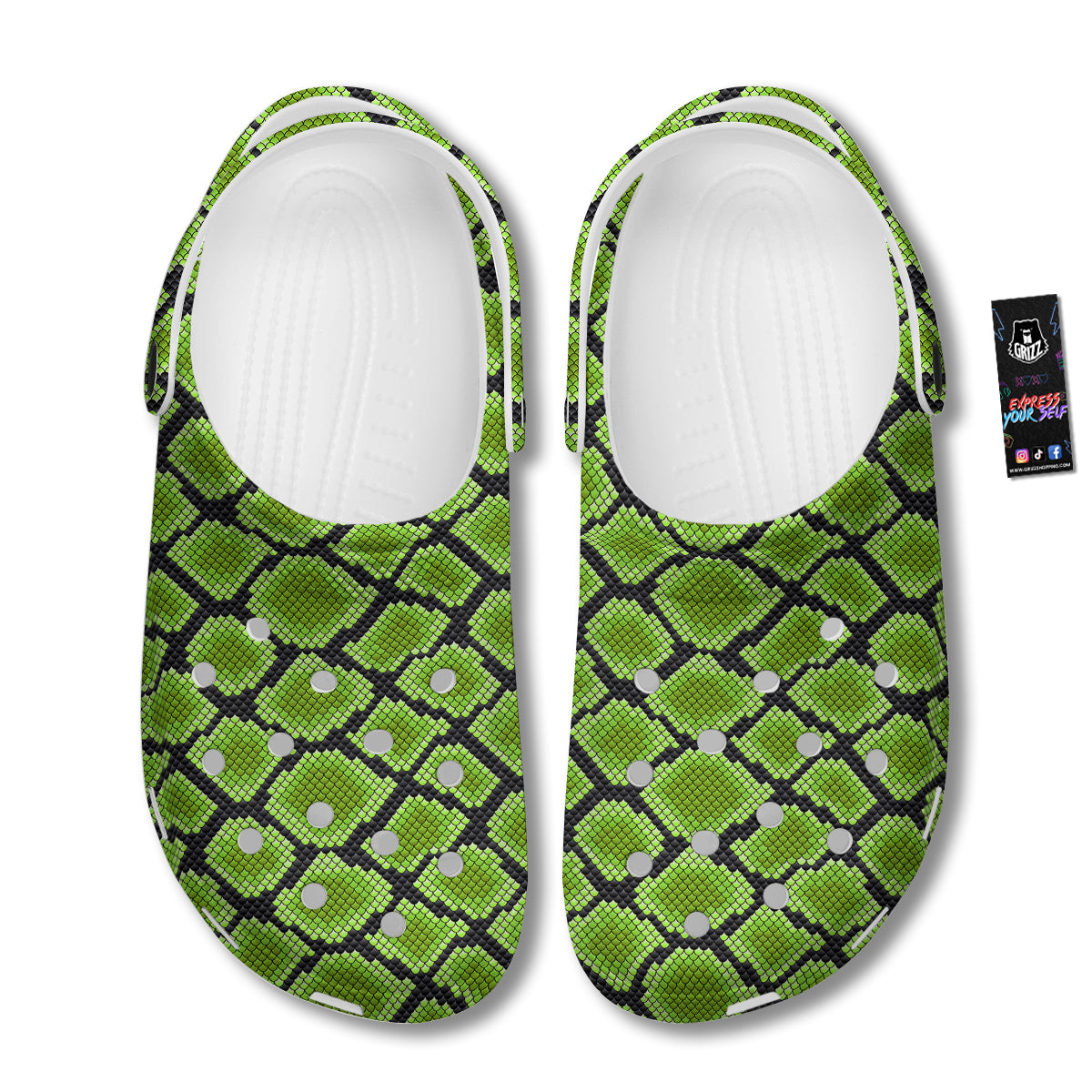 Snakeskin Black And Neon Green Print Clog-grizzshop