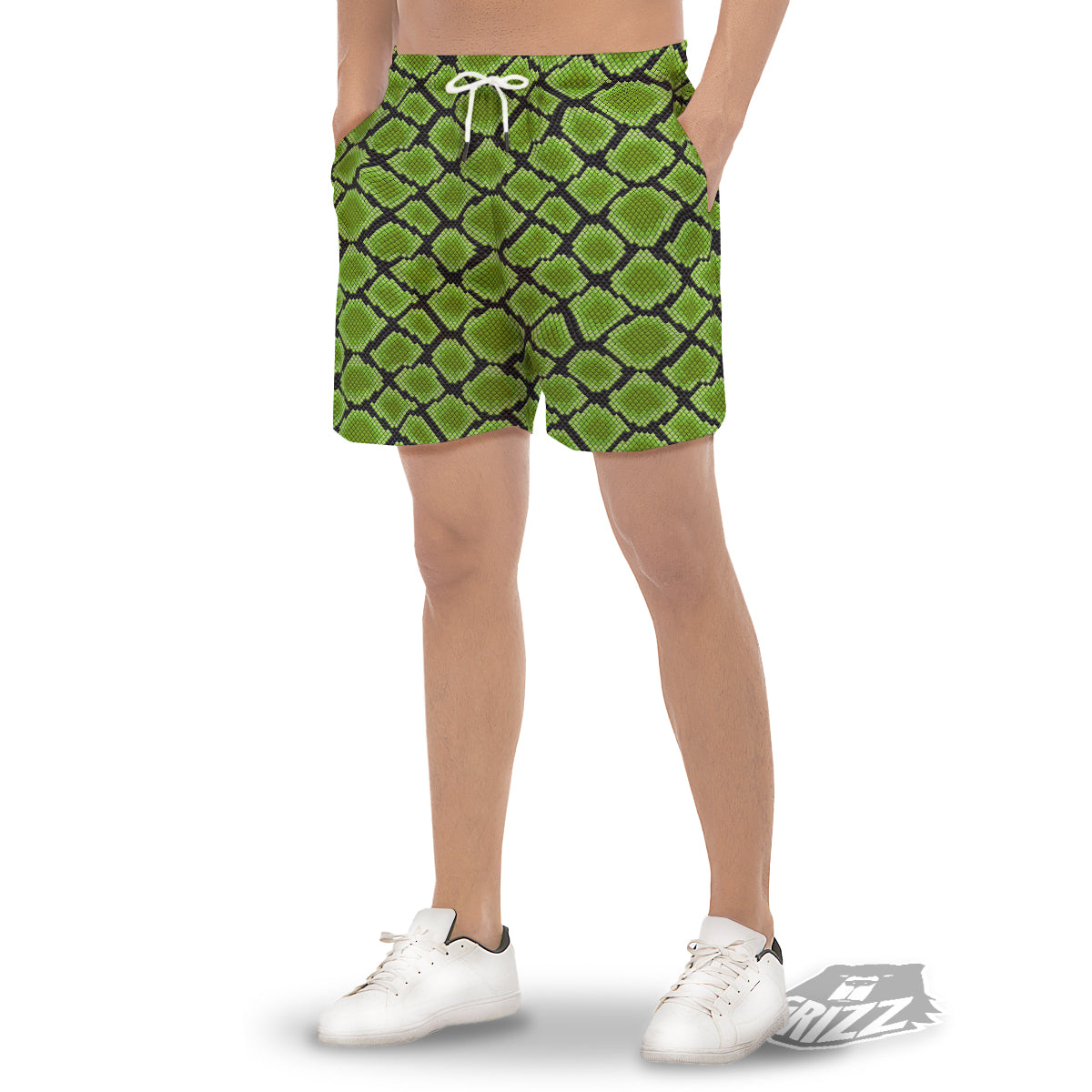 Snakeskin Black And Neon Green Print Men's Gym Shorts-grizzshop