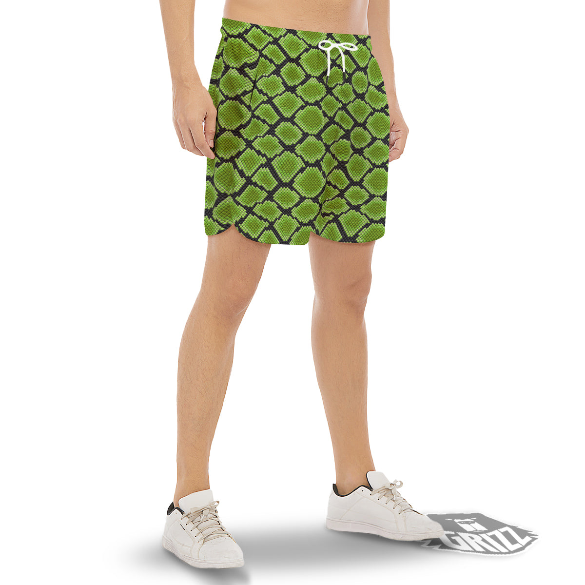 Snakeskin Black And Neon Green Print Men's Gym Shorts-grizzshop