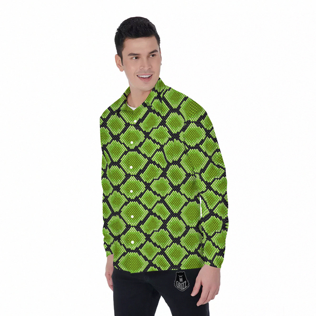 Snakeskin Black And Neon Green Print Men's Long Sleeve Shirts-grizzshop