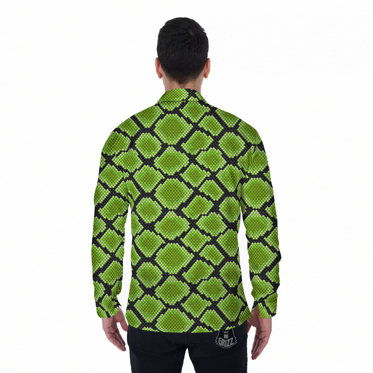 Snakeskin Black And Neon Green Print Men's Long Sleeve Shirts-grizzshop