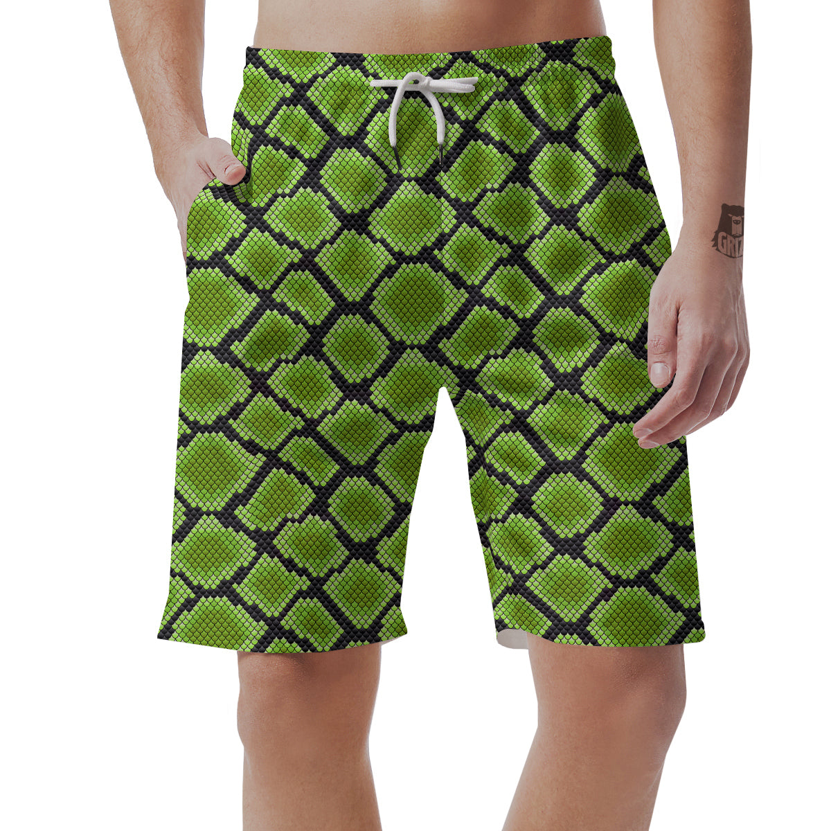 Snakeskin Black And Neon Green Print Men's Shorts-grizzshop
