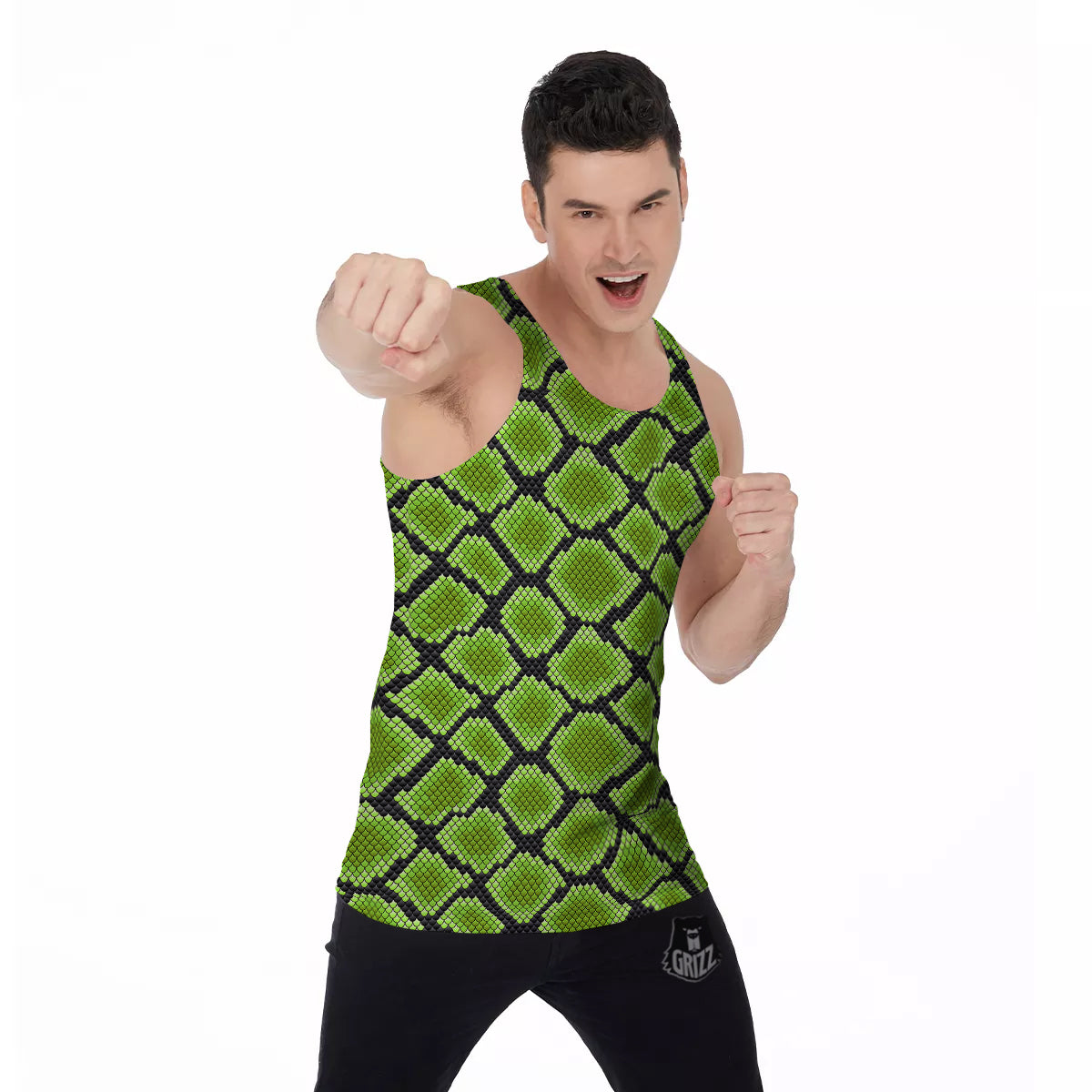 Snakeskin Black And Neon Green Print Men's Tank Top-grizzshop
